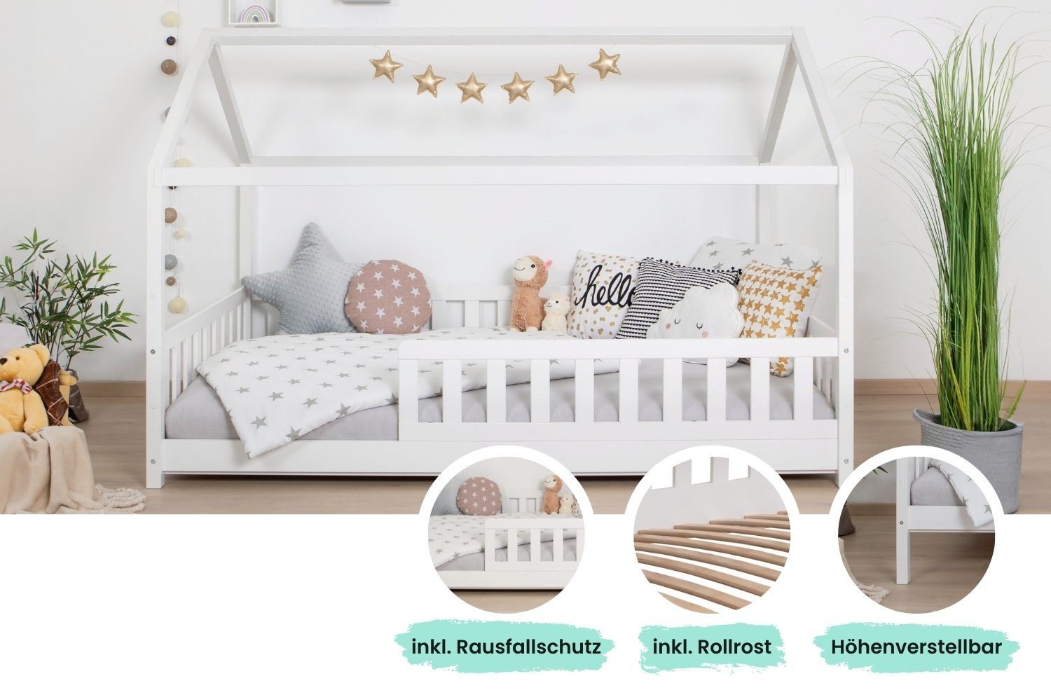 Ticaa Hausbett Kay mit Rausfallschutz aus Kiefer, Kinderbett 100x200, inkl. Dach, mit Rollrost