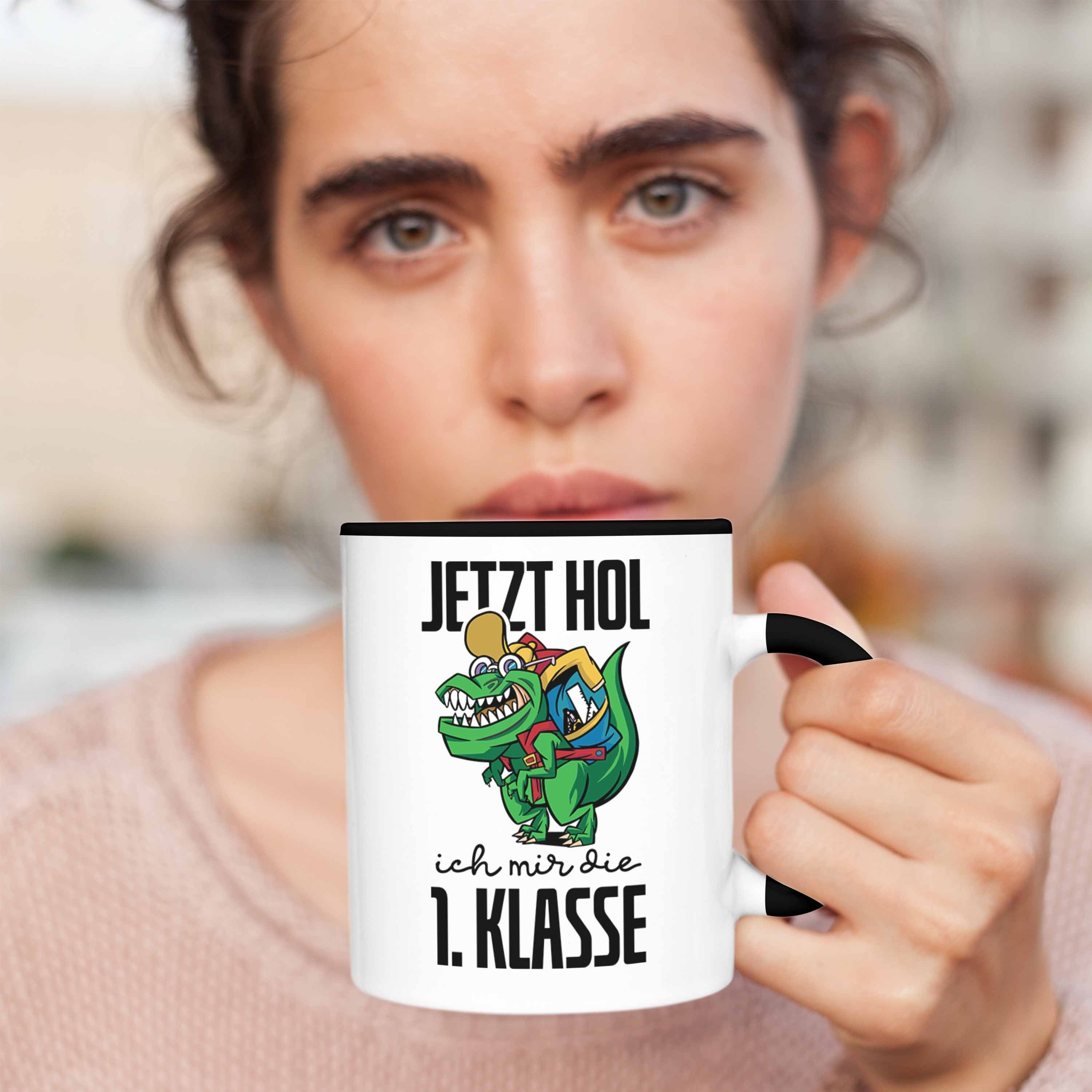 Trendation Tasse in Einschulung Klasse Geschenk für Tasse Motiv Dino T-rex Jungs 1. der Schwarz