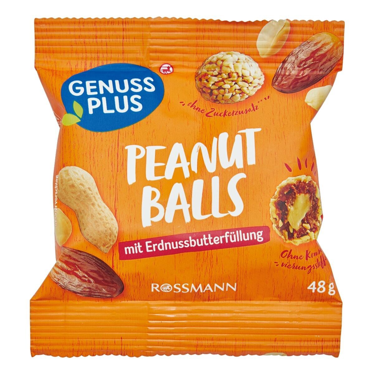 GENUSS PLUS Nüsse Peanut Balls, Frucht-Nuss-Bälle 48 g, vegan / glutenfrei / ohne Zuckerzusatz