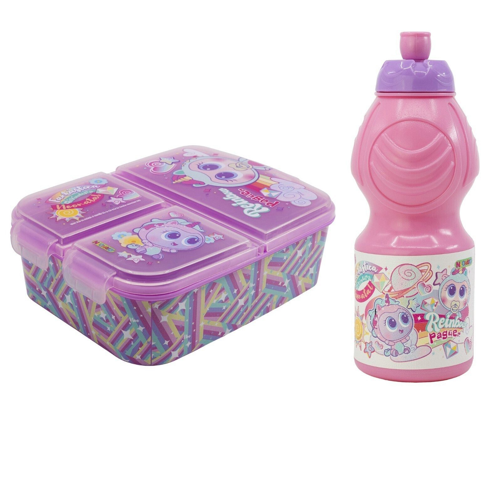 Lunchbox KSIMERITOS Kinder Mädchen 2 tlg Set 3 Kammern Brotdose Trinkflasche