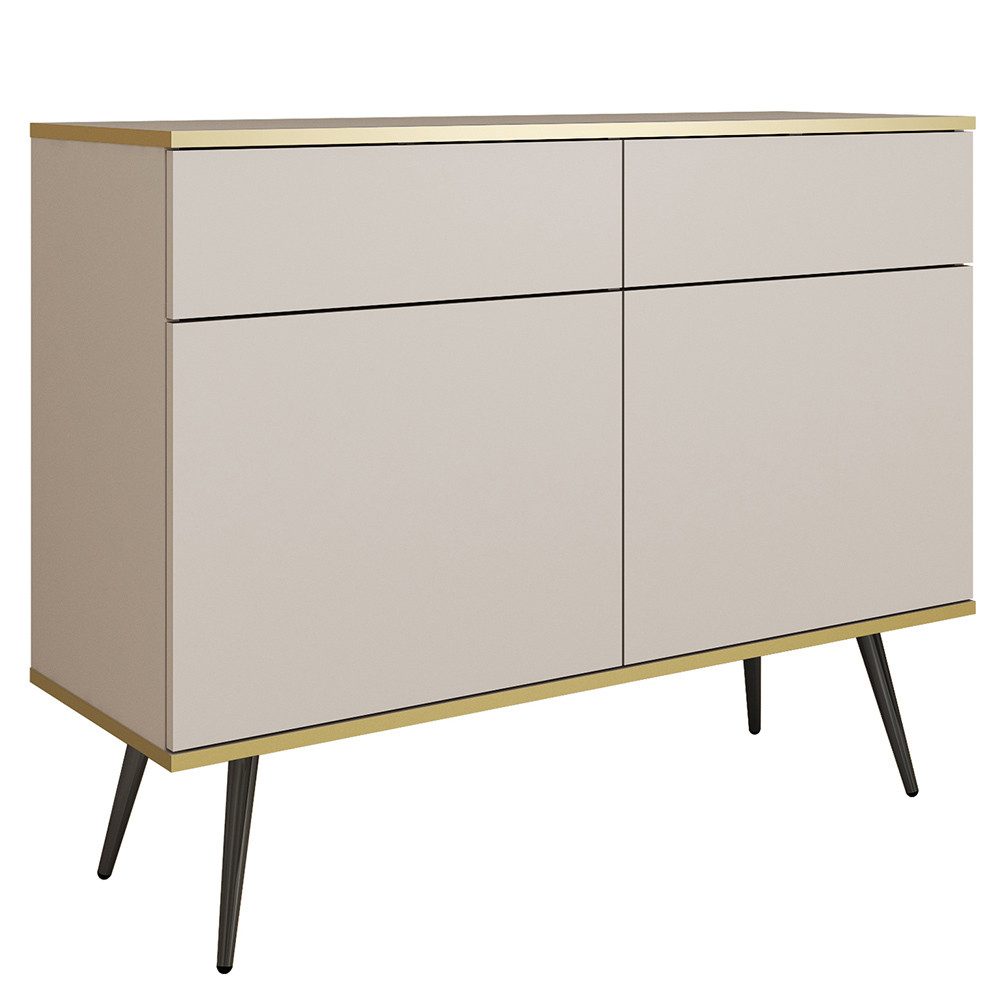 Lomadox Kommode OLOVO-160, Beige, goldfarbene Kanten, Metallbeine Schwarz