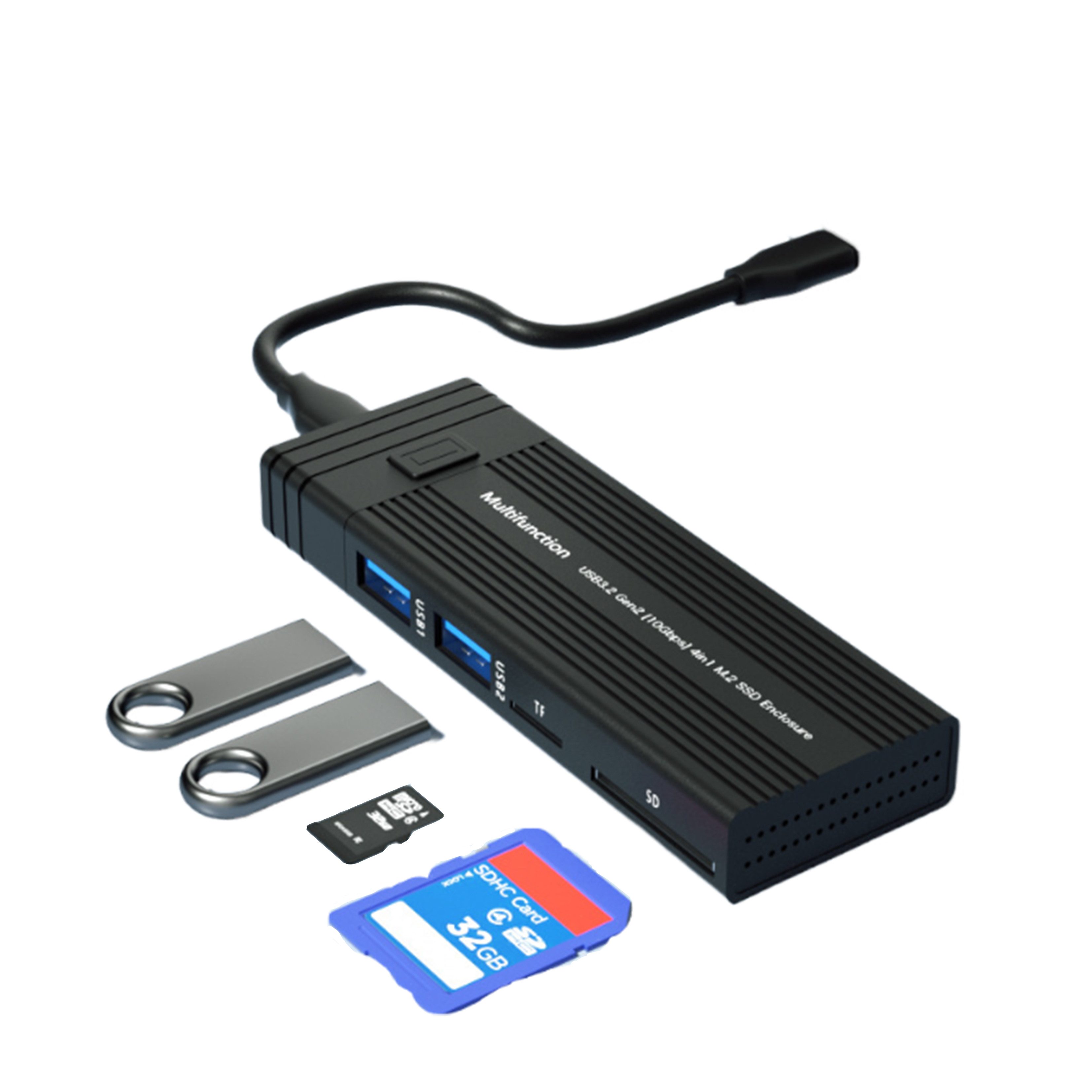 KINSI M.2 SSD Gehäuse USB‑C 10Gbps, Dual‑Protokoll NVMe/SATA, 2×USB‑HUB SSD-Festplatte, SD/TF Kartenleser,Multifunktionaler Externer Festplattenadapter