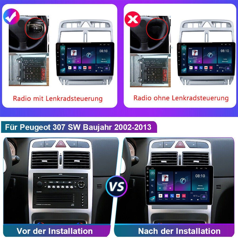 ESSGOO Für Peugeot 307 CC 2002-2013 Android Autoradio Android 15 Autoradio (RDS, Digitalradio (DAB), FM)