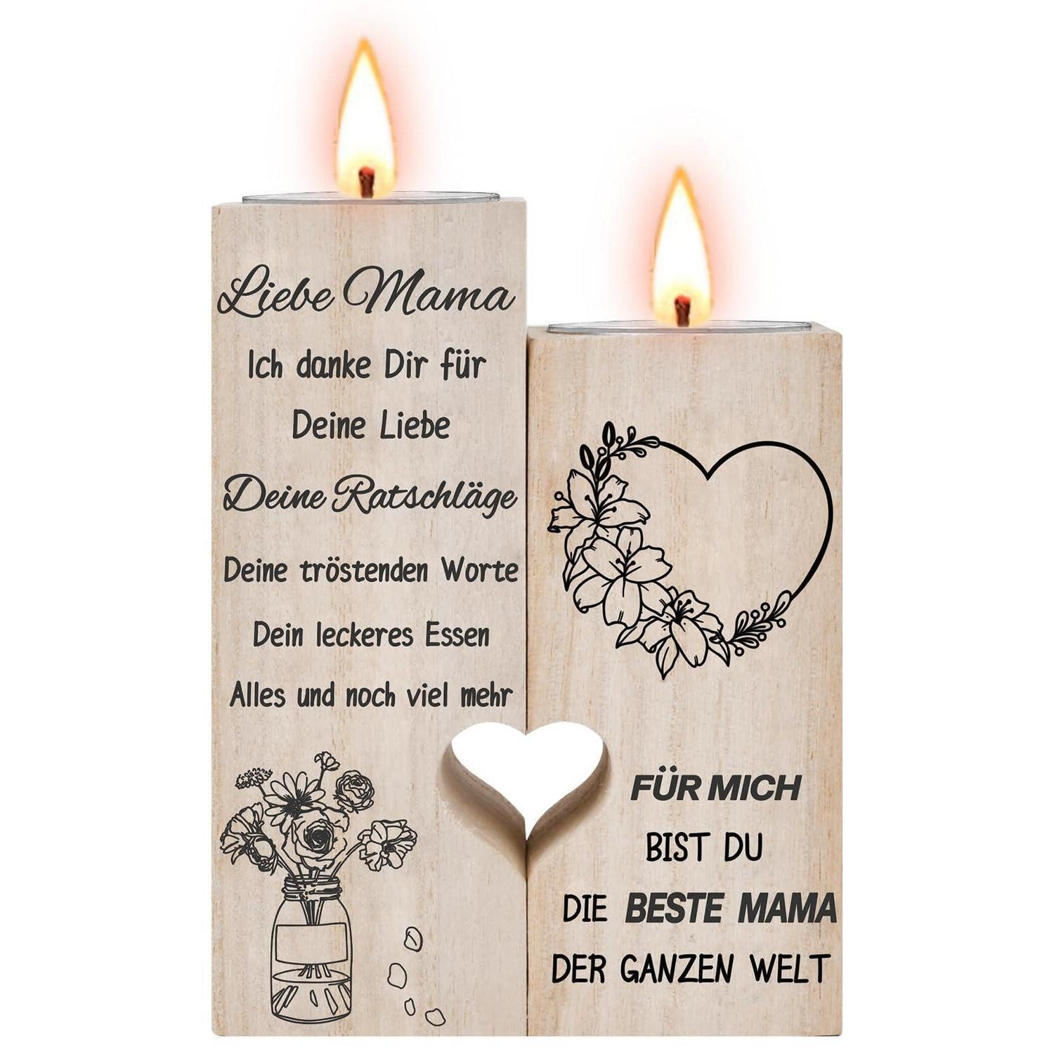 LuxusKollektion Kerzenständer Kerzenhalter Herzform Holz Liebe Mama Geschenk (1 St)