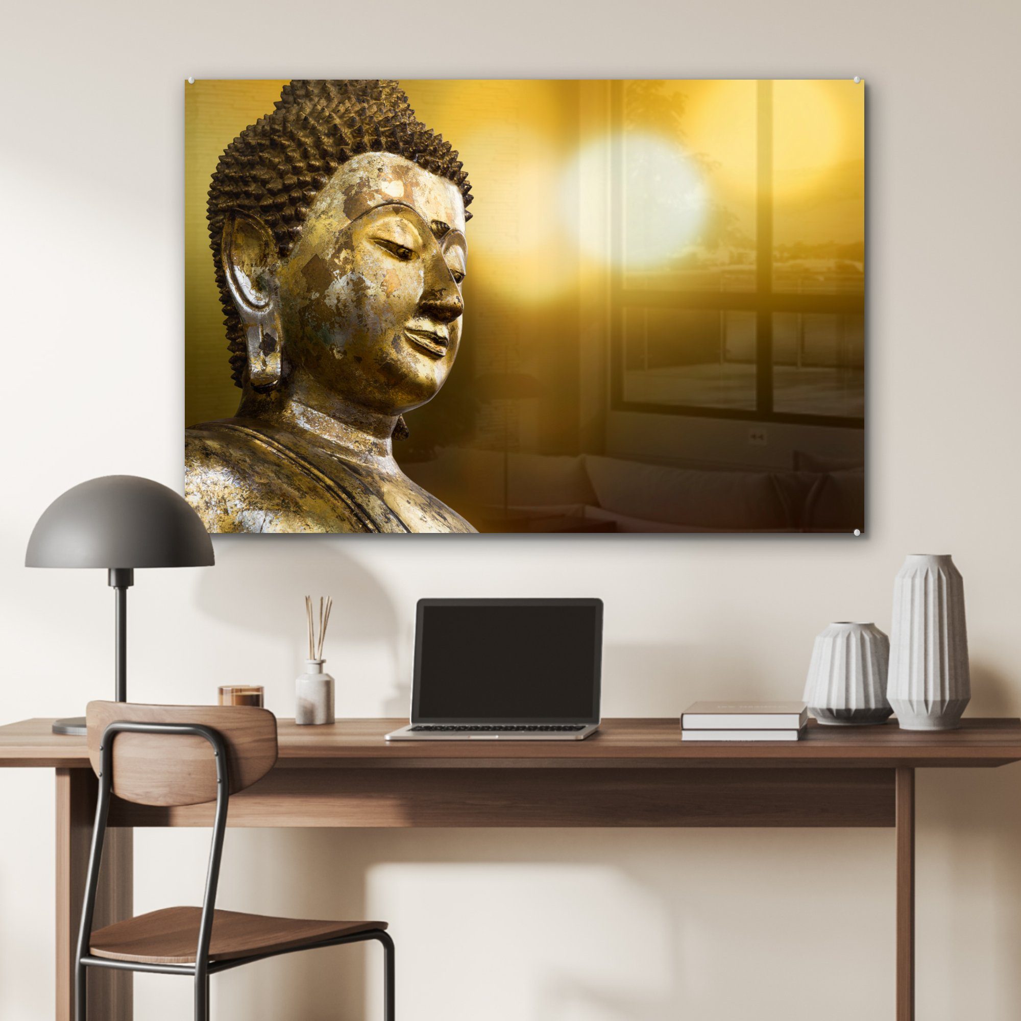 MuchoWow Acrylglasbild Buddha Acrylglasbilder Stein Schlafzimmer St), (1 - & Licht, Wohnzimmer 