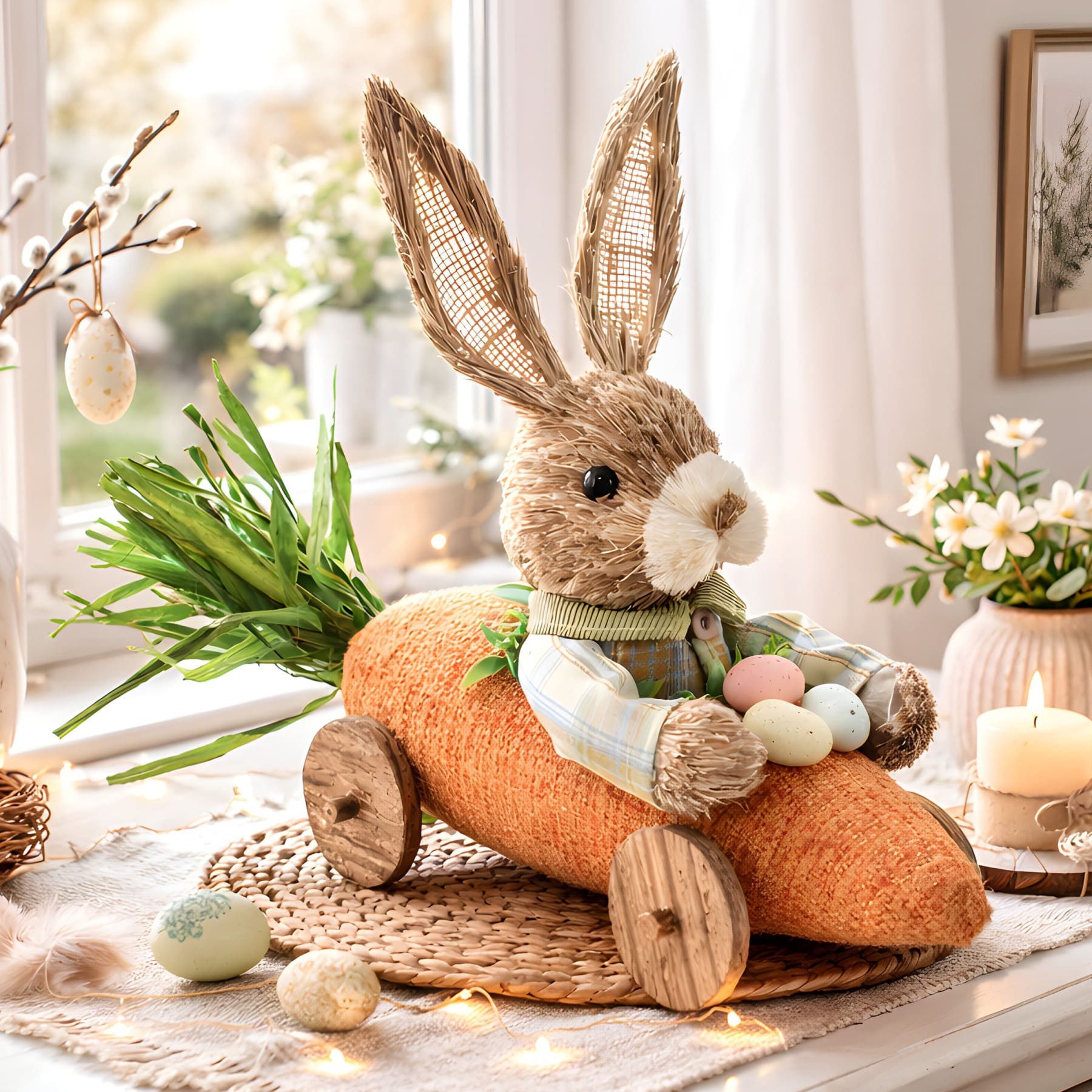 Dekoleidenschaft Dekofigur "Hoppelmobil" Osterhase in Karotte, Osterdeko aus Stroh & Textil 39 cm, lang, Osterfigur, Deko Ostern