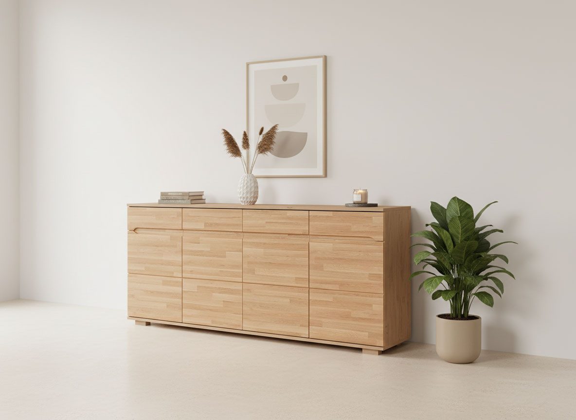 OTTO home Sideboard VETRO Teilmassiv, Fronten Massivholz, Wohnzimmer, Stauraum,Griffmulde, B/T/H:199/40/85cm, 4Schubladen, 8 geschlossen Fächer, Stauraum