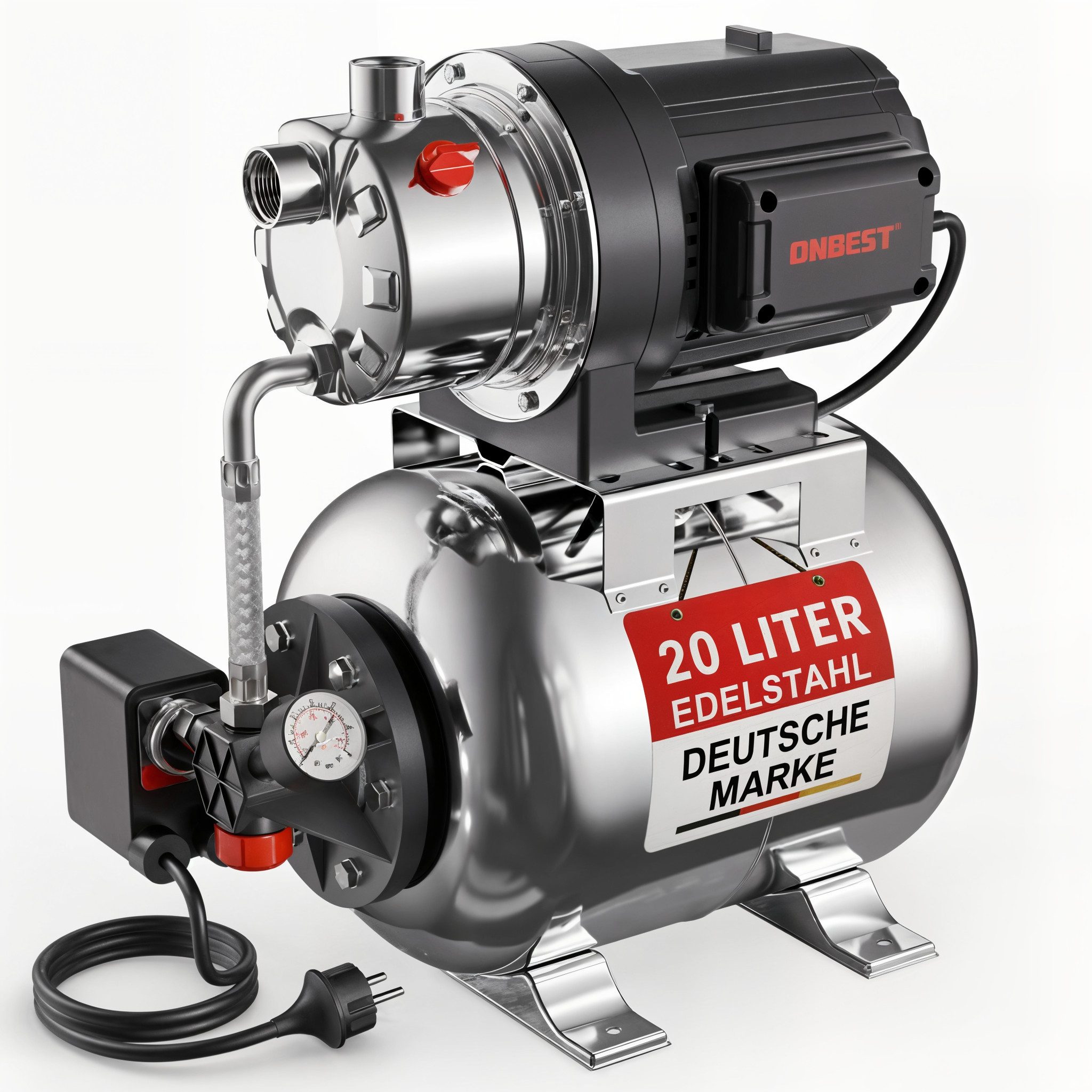 Onbest Hauswasserwerk HW-1350VA Premium aus Edelstahl, Manometer, 1300W, 20Liter, 230V, 50m Förderhöhe