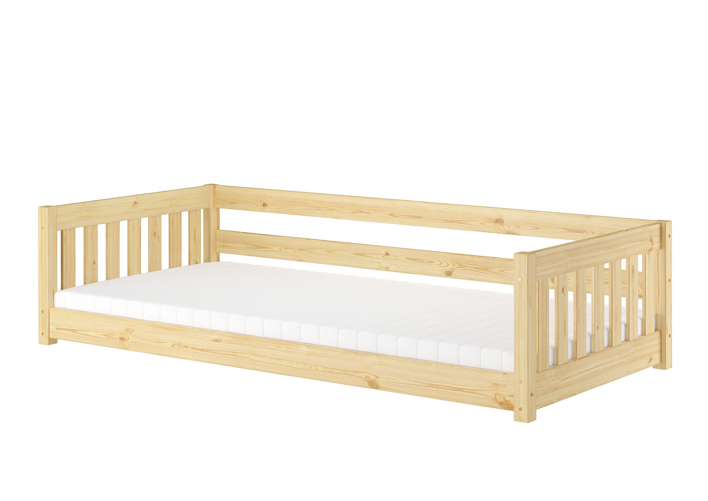 ERST-HOLZ Kinderbett Niederflurbett für Kinder mit Sicherung 90 x 200 cm Kiefer massiv, Kiefer farblos lackiert