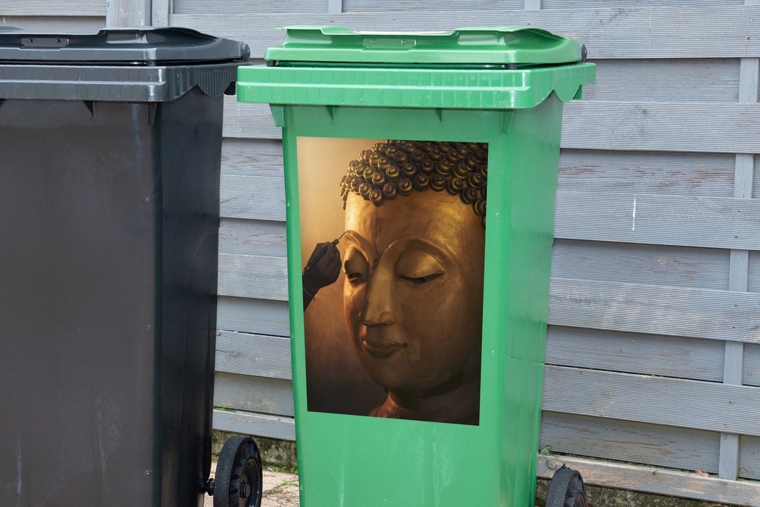 (1 Mülleimer-aufkleber, Buddhakopf Mülltonne, Künstler Abfalbehälter fertigt an Bhutan St), Wandsticker Sticker, in MuchoWow Container,