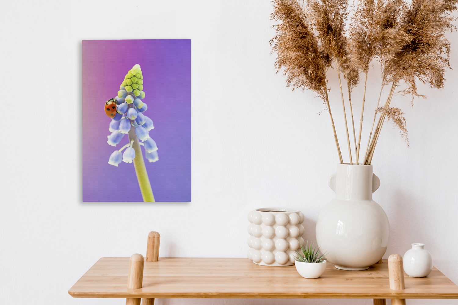 cm Leinwandbild OneMillionCanvasses® (1 Muscari-Blüte, fertig bespannt einer 20x30 St), Marienkäfer Gemälde, auf inkl. Leinwandbild Zackenaufhänger,