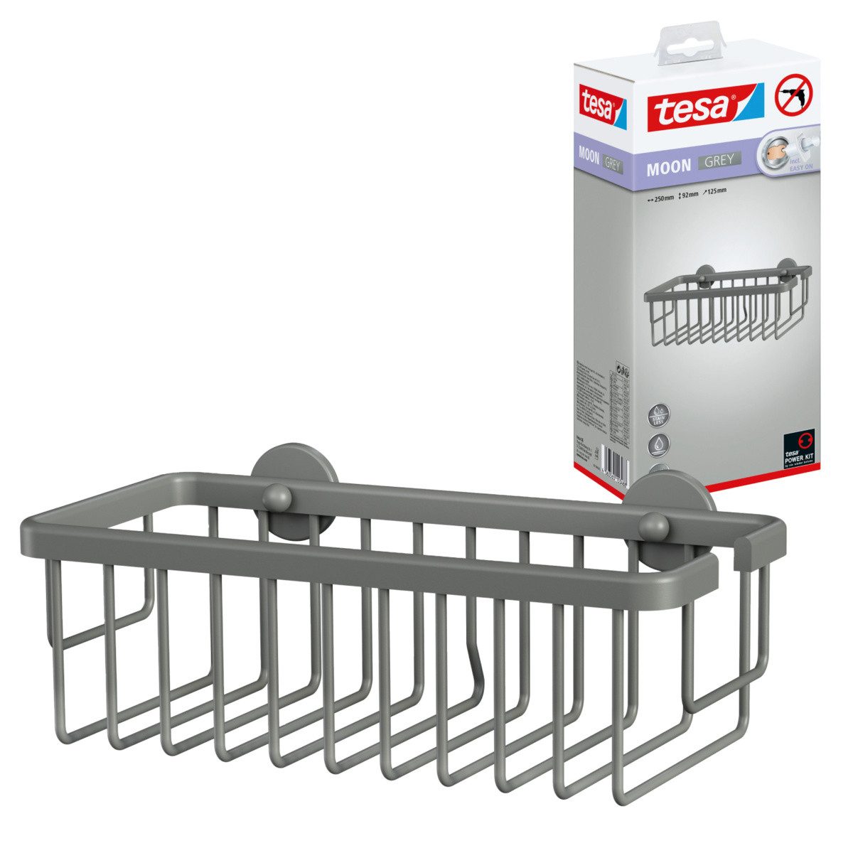 tesa Duschregal MOON Duschkorb ohne Bohren - 9,2 x 25 x 12,5 cm, Packung, selbstklebende Duschablage - matt grau