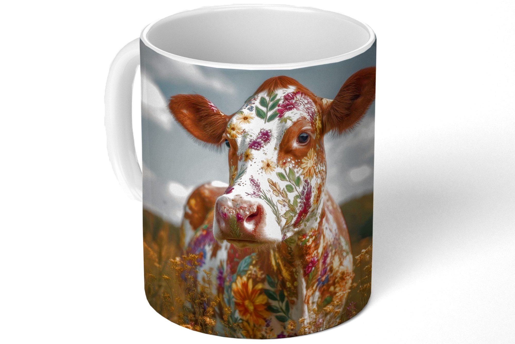 MuchoWow Tasse Kuh - Blumen - Wiese, 1-tlg., Keramik, Kaffeetassen, Teetasse, Becher, Kaffeebecher, Geschenk