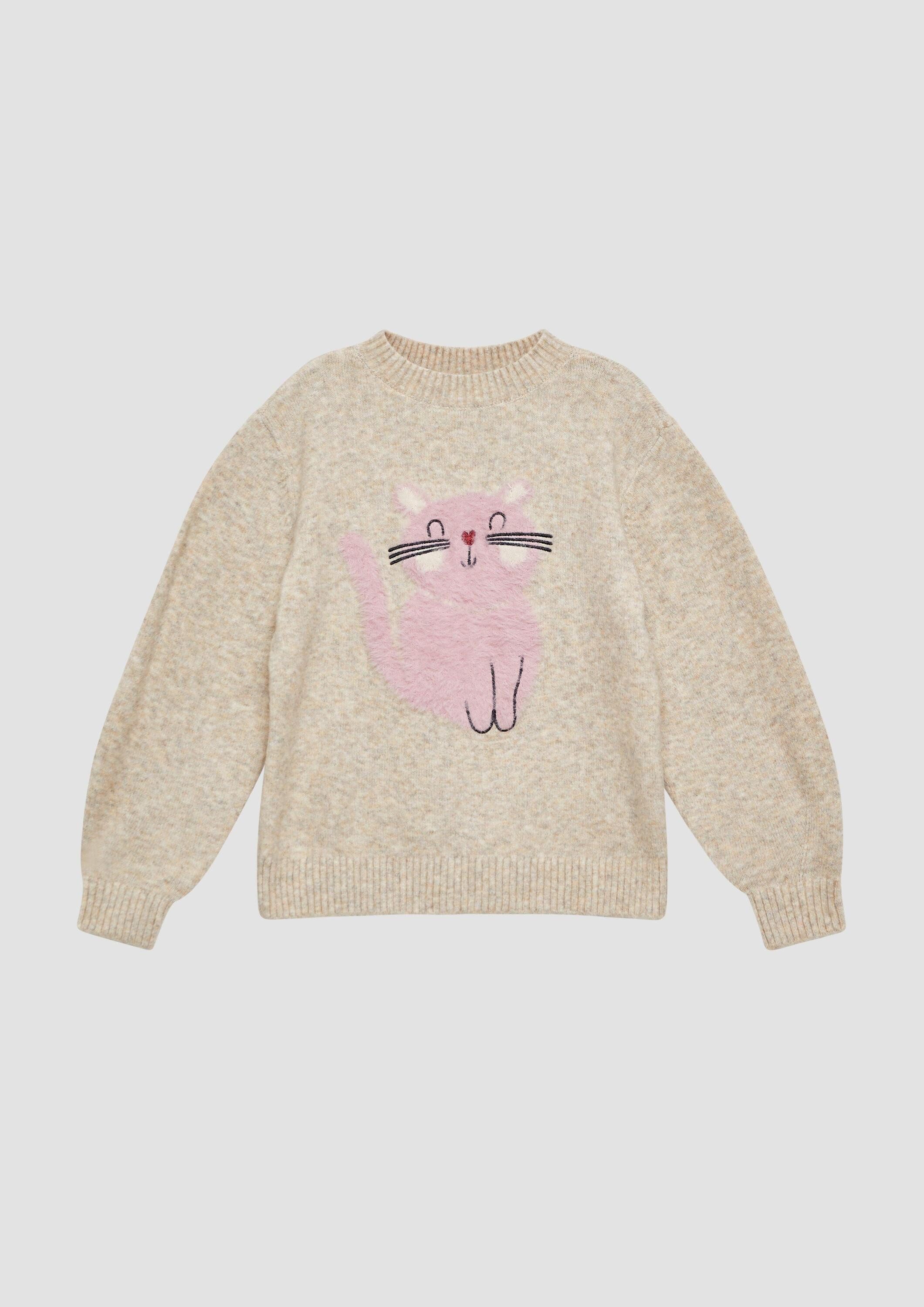 s.Oliver Longpullover Strickpullover Kuscheliger Loose-Fit-Strickpullover mit Katzen-Artwork