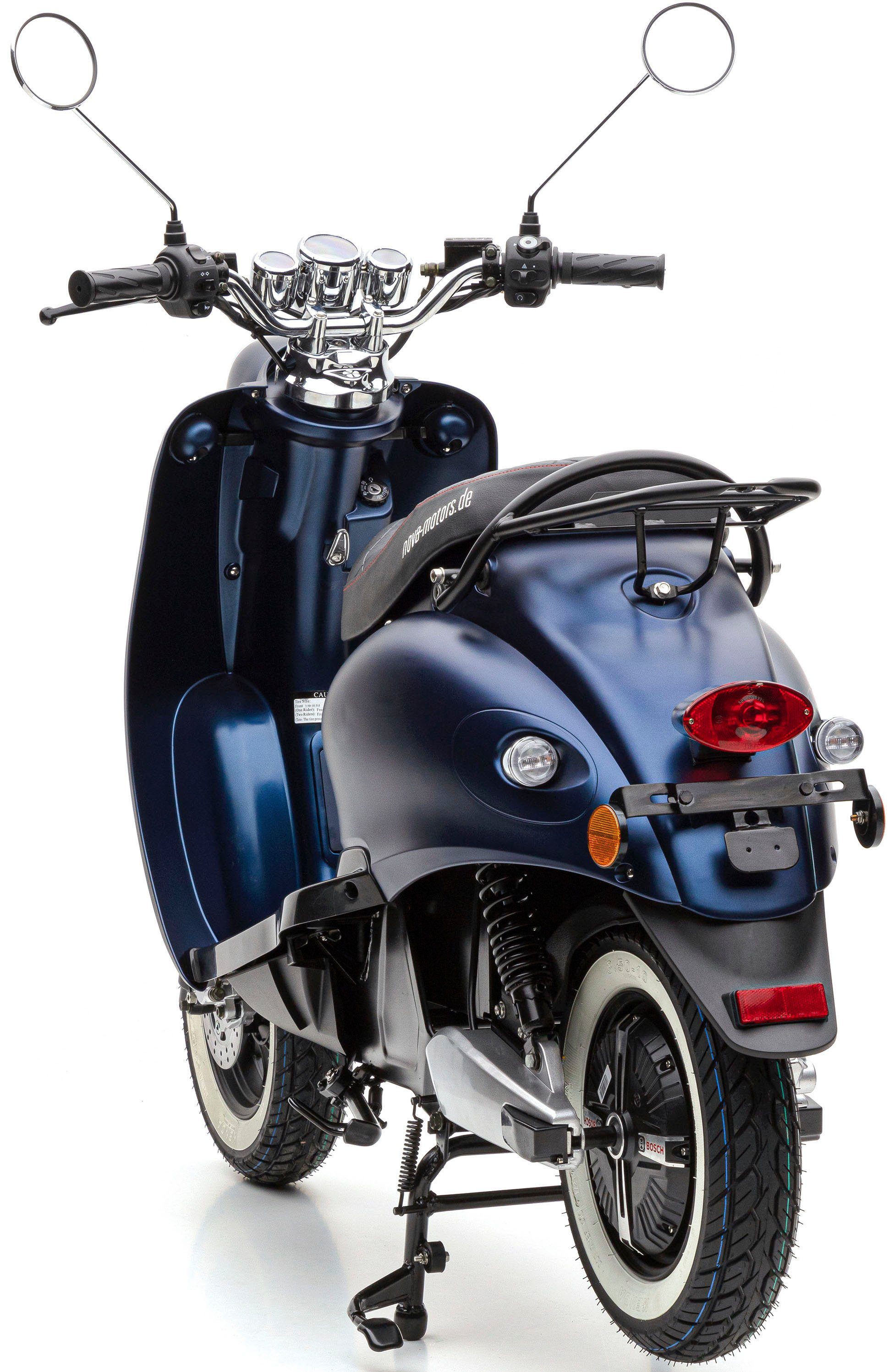 Nova Motors E-Motorroller eRetro Star Li Premium, 2000 W, 45 km/h, Mit Weißwandreifen, digitalem Tacho und gesteppter Sitzbank blau