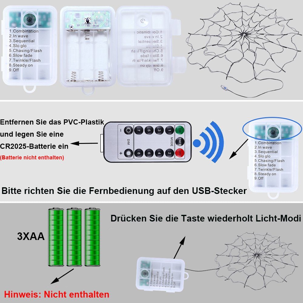 wasserdicht,Fernbedienung, Durchmesser Warmweiß Hof 1M Halloween House Dekolicht Spinnennetz, Dekorationen Sunicol Batterie, Orange, Haunted für Halloween Lichter, Bar Party Lichter, Lila,