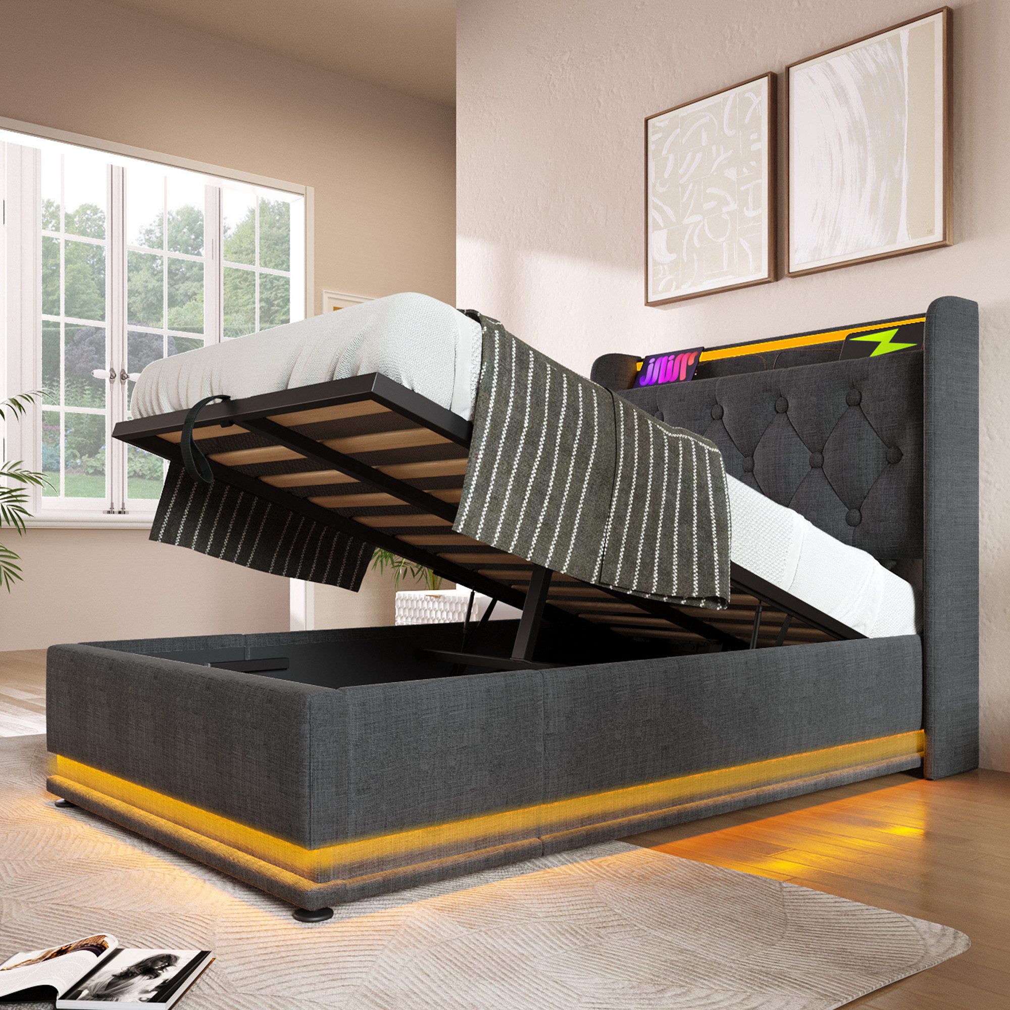 Flieks Polsterbett, LED Hydraulisches Stauraumbett Einzelbett 90x200cm mit günstig online kaufen