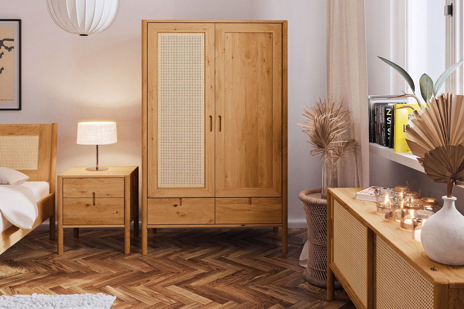Natur24 Kleiderschrank Kleiderschrank Zola Wildeiche massiv mit Rattan 108x175 Schubladen
