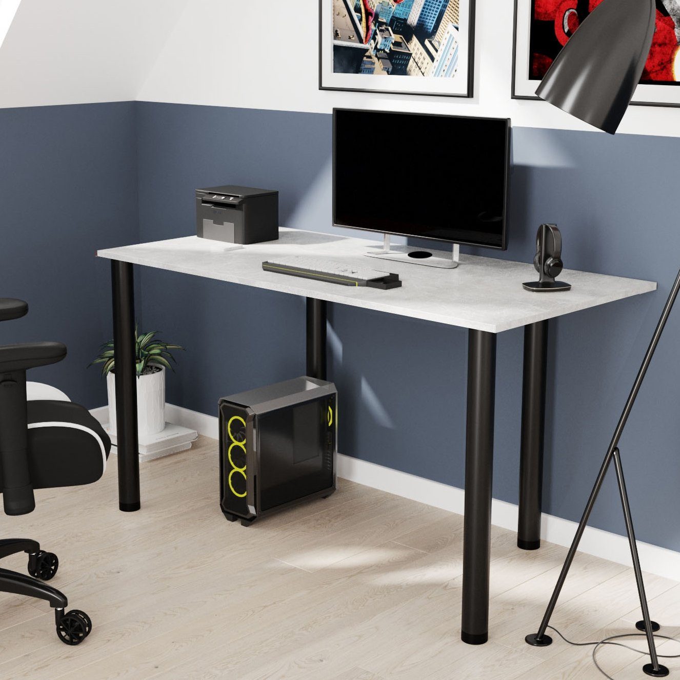 AKKE Schreibtisch, Schreibtisch mit schwarze Beinen 2mm PVC Kantenumleimung Beton