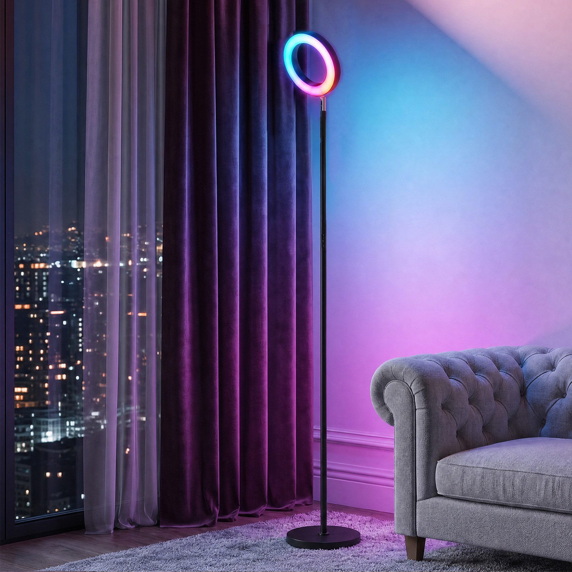 HOMCOM Stehlampe LED Stehleuchte Dimmbar mit 3 Farbtemperaturen, Dimmfunktion, Farbwechsel, Timer, Sprachsteuerung, LED fest integriert, Farbwechsler, Warmweiß, Kaltweiß, RGB-CCT-Ringkopf, per App und Sprache steuerbar