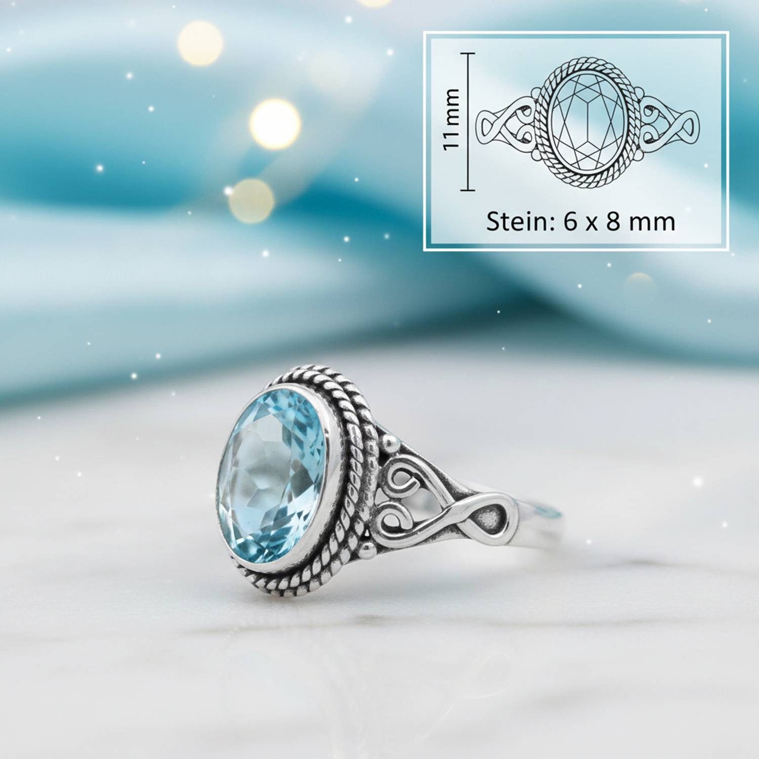 mantraroma Silberring BAGHIMI oval aus 925 Silber mit blau Topas (Ring mit Schmuckbeutel), Damenring aus 925er Silber