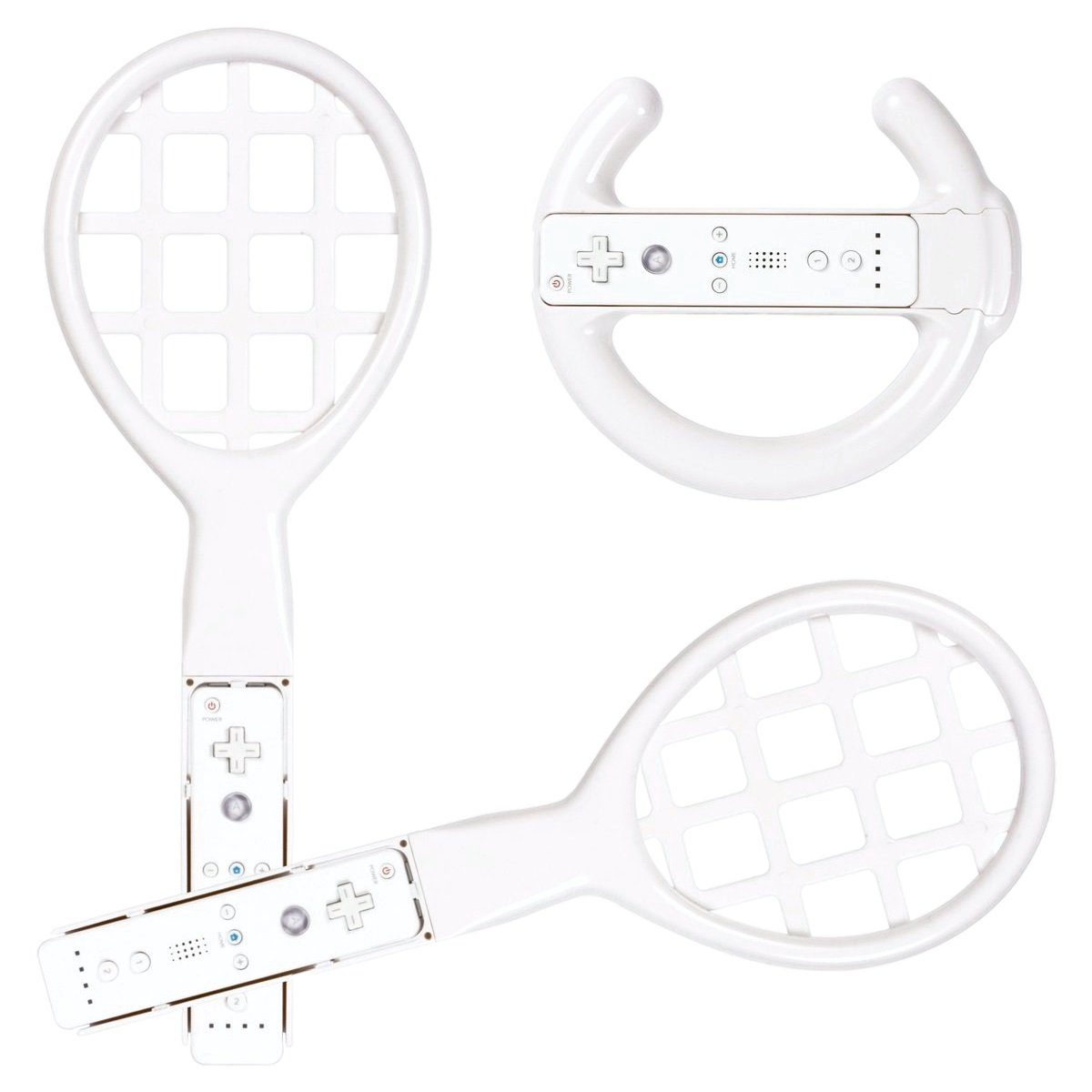 Brooklyn Set Racing Wheel Lenkrad Tennis-Schläger Weiß Controller (Passgenau für Nintendo Wii WiiU Controller, Ideal für Wii Sports etc)