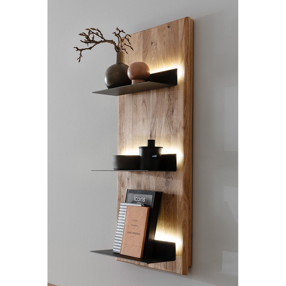 Lomadox Wandregal VELJE-05, 150 cm breit in Eiche massiv mit Metallboden, inkl. LED-Beleuchtung