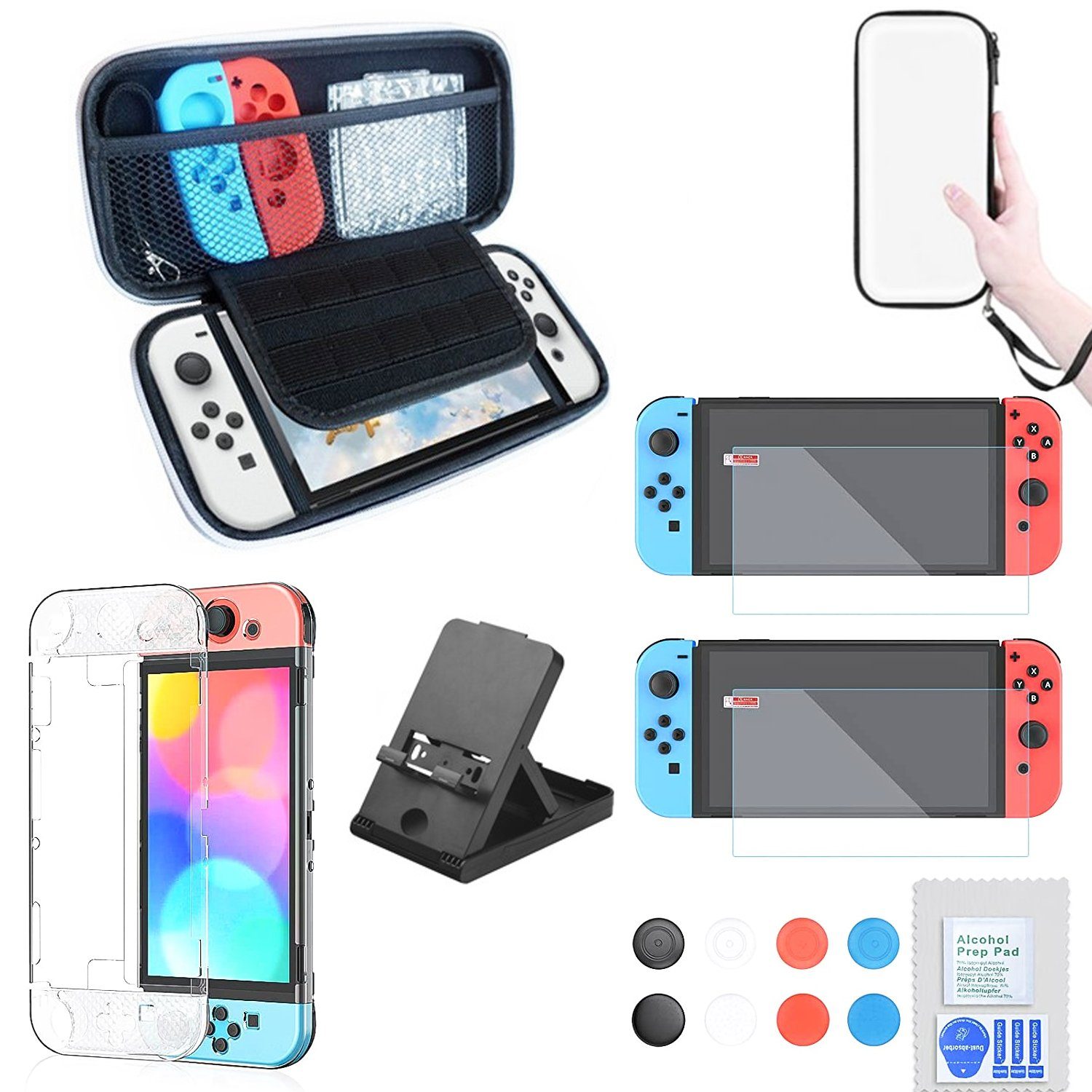 zggzerg 6 in 1 Zubehör Set für Nintendo Switch OLED Switch-Controller (Tasche & Schutzfolie, Transparent Hülle, Support Station)