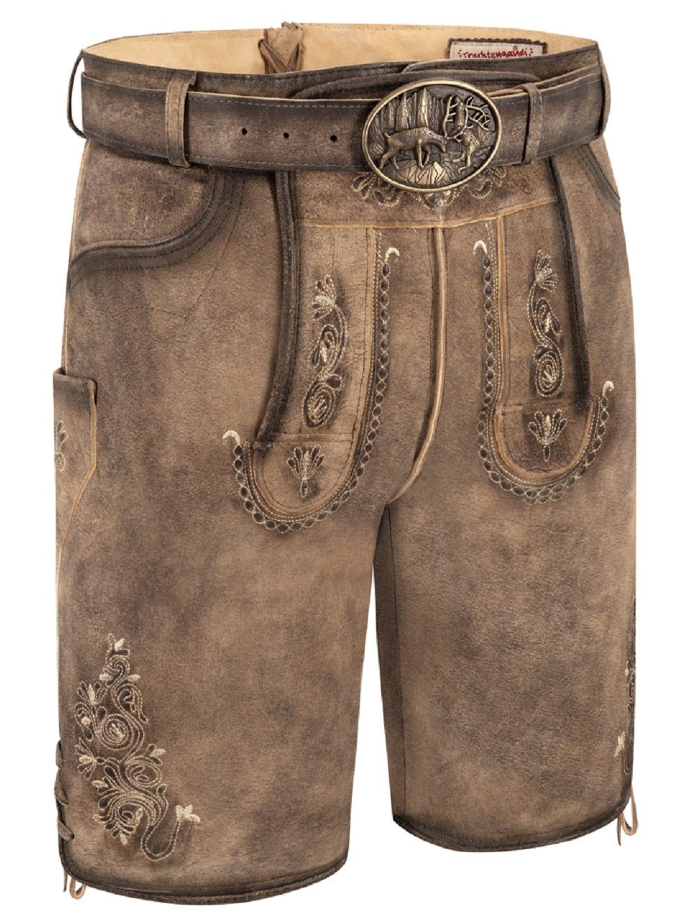 Pezzo D'oro Trachtenlederhose Lederhose Gürtel, kurz, Hirschoptik Ziegenvelourleder, mit