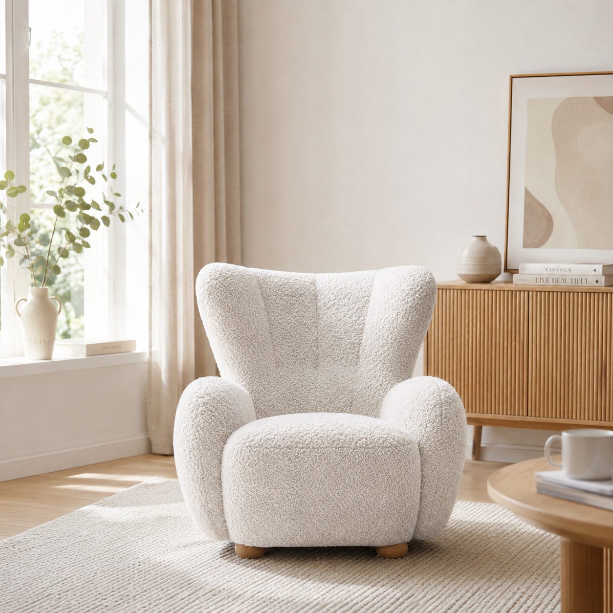 Goldstoff Sessel HUGSY Relaxsessel Boucle mit hoher Rückenlehne – Skandi & Boho Stil (Einzelsessel, Loungesessel), mit Relaxfunktion