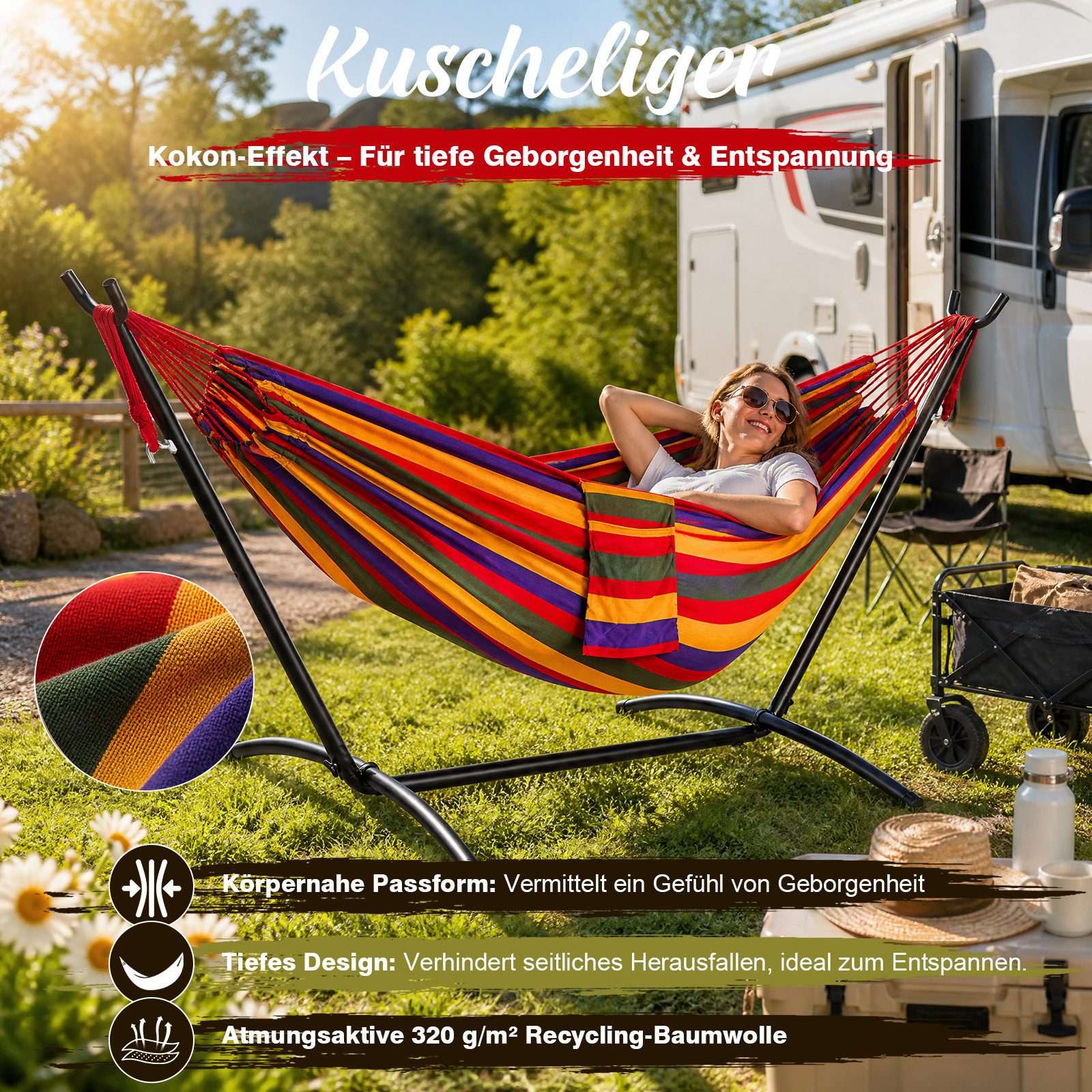 Sekey Hängematte mit Gestell, höhenverstellbare Doppelhängematte bis 200 kg belastbar, mit Tragetasche für Garten, Balkon und Terrasse, Indoor & Outdoor