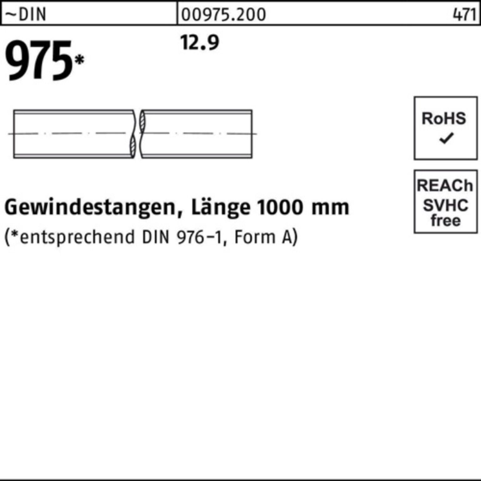 DIN 100er 975 Pack Gewindestange 1000mm Stück 12 ~DIN M12x Gewindestange 975 12.9 Reyher 1