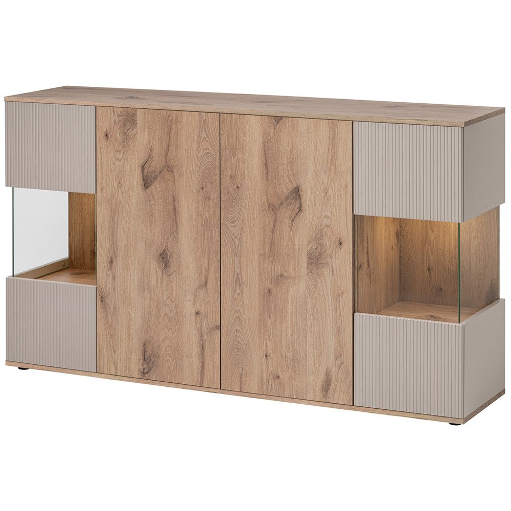 Lomadox Sideboard CARRICA-164, Eiche mit Kaschmir, Rillenfront, Push-to-open, Glaselement
