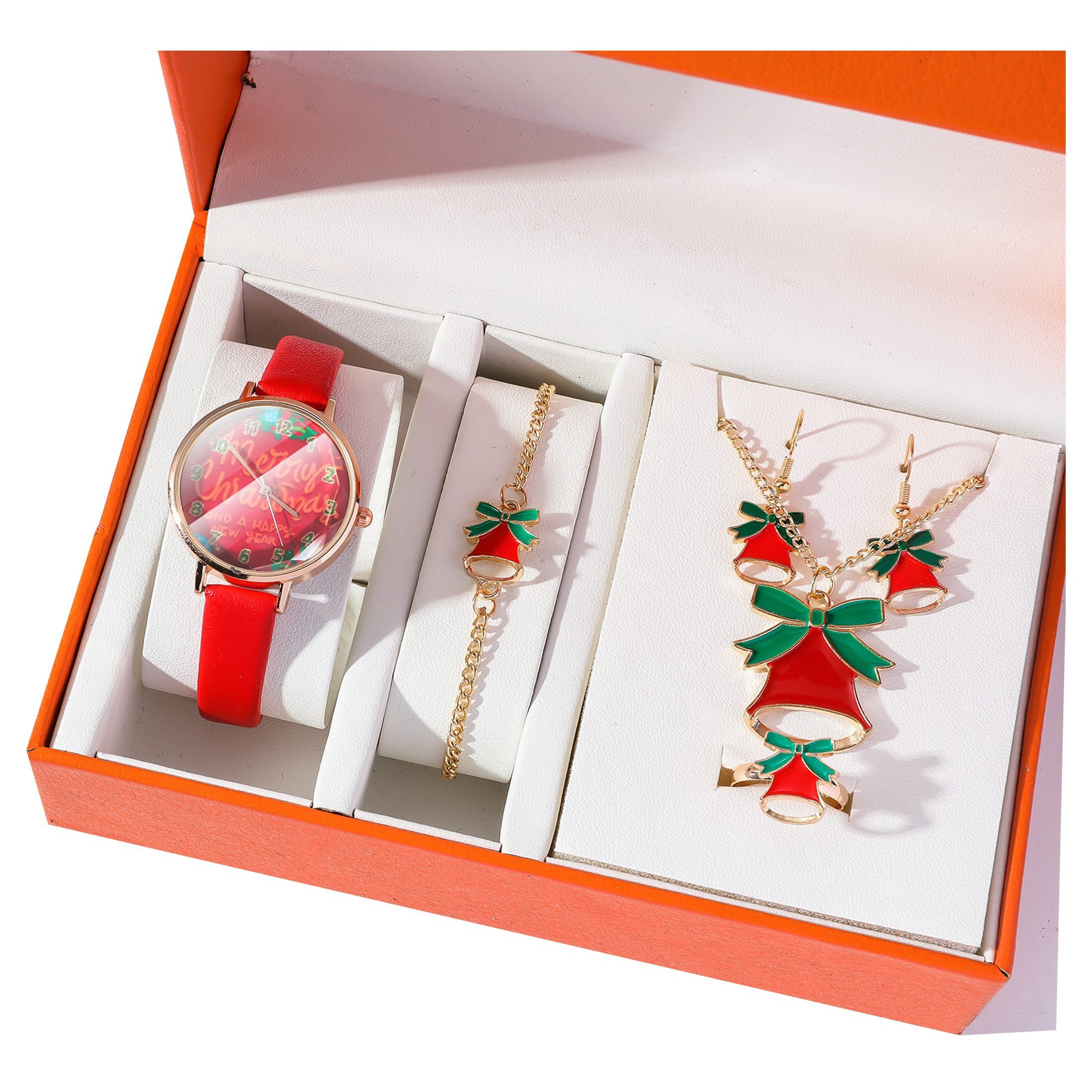 Fyrove Weihnachtsmann 6-teiliges Weihnachts-Schmuckset, Uhr, Halskette, Armband, Ring (Ohrringe, für Frauen & Mädchen)