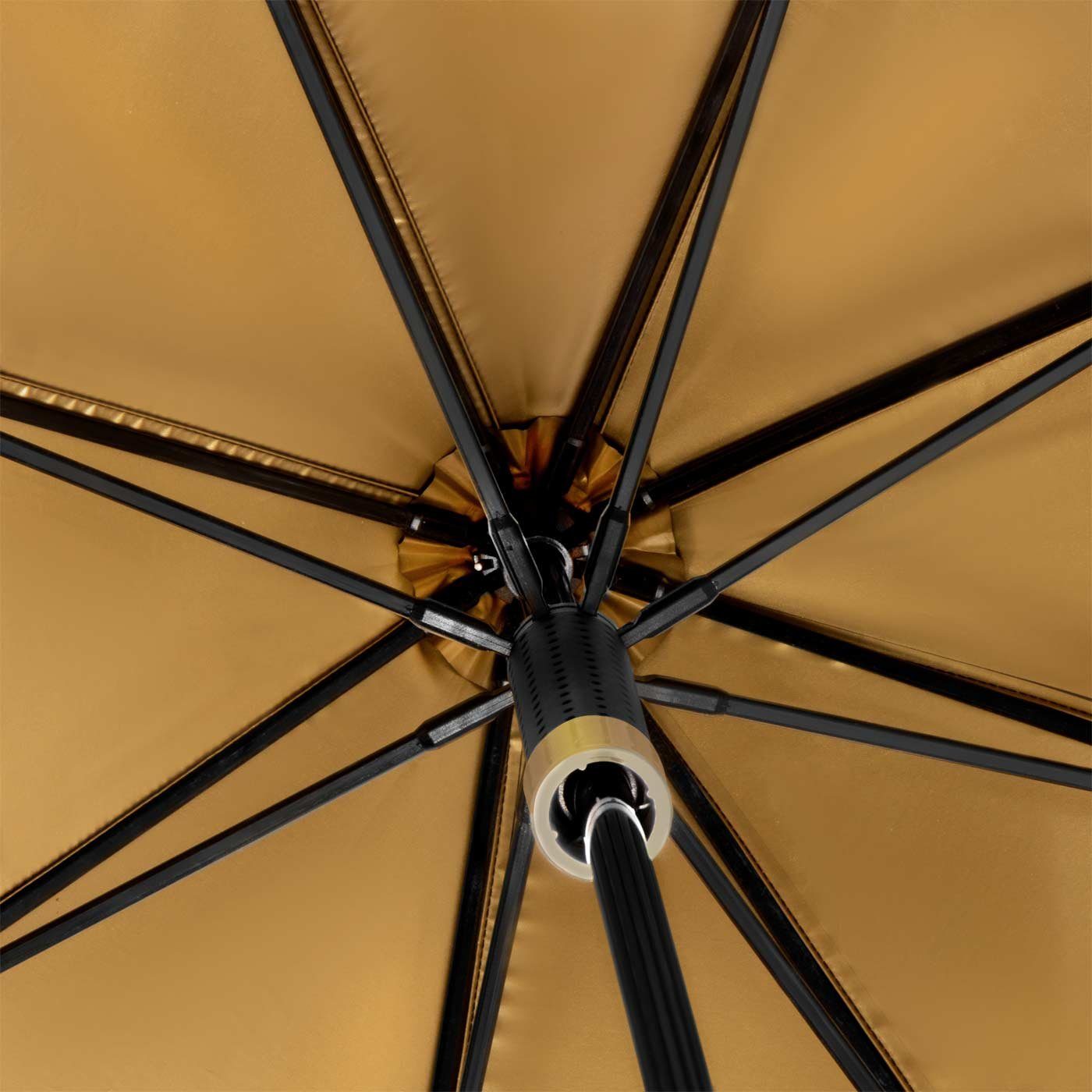 Impliva Stockregenschirm STORMaxi seine zu den aus in Schirm besondere Sturmschirm hält Form aerodynamischer durch Wind, bis 80 Metallic, der schwarz-gold sich km/h dreht