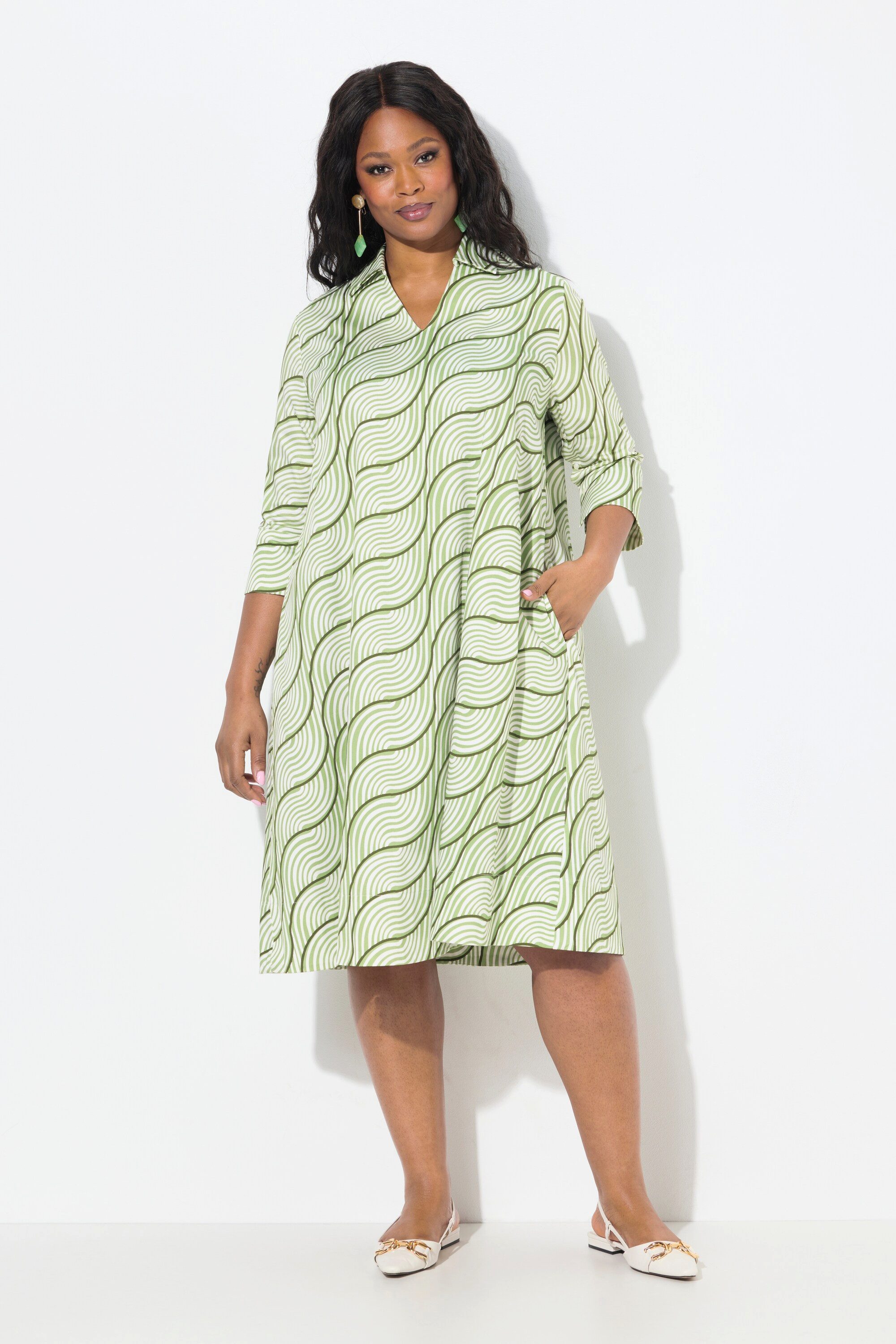 Ulla Popken Midikleid Kleid A-Linie Hemdkragen günstig online kaufen