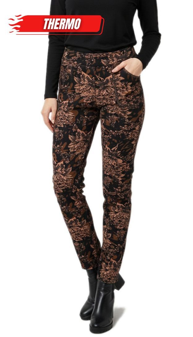 Thermohose Damen Thermohose Blumen-Print Gefütterte Winterhose Thermoleggings