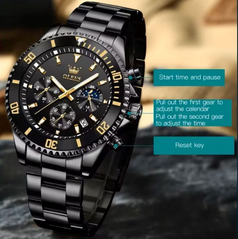 Tidy Quarzuhr Herrenuhr Black Gold Zifferblatt – Bicolor Quarz Chrongraph günstig online kaufen