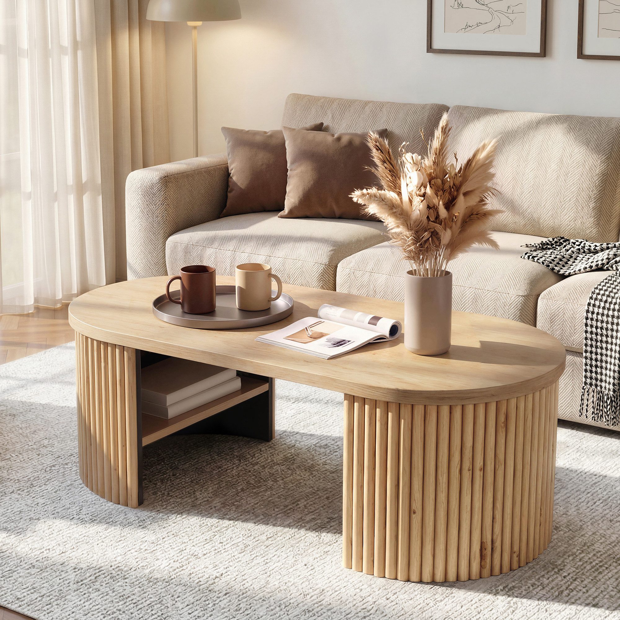 Merax Couchtisch Ovaler Sofatisch Beistelltisch im Rillen-Design skandinavisch (1-St), Wohnzimmertisch mit Ablagefach & Stauraum, 100x50x35cm