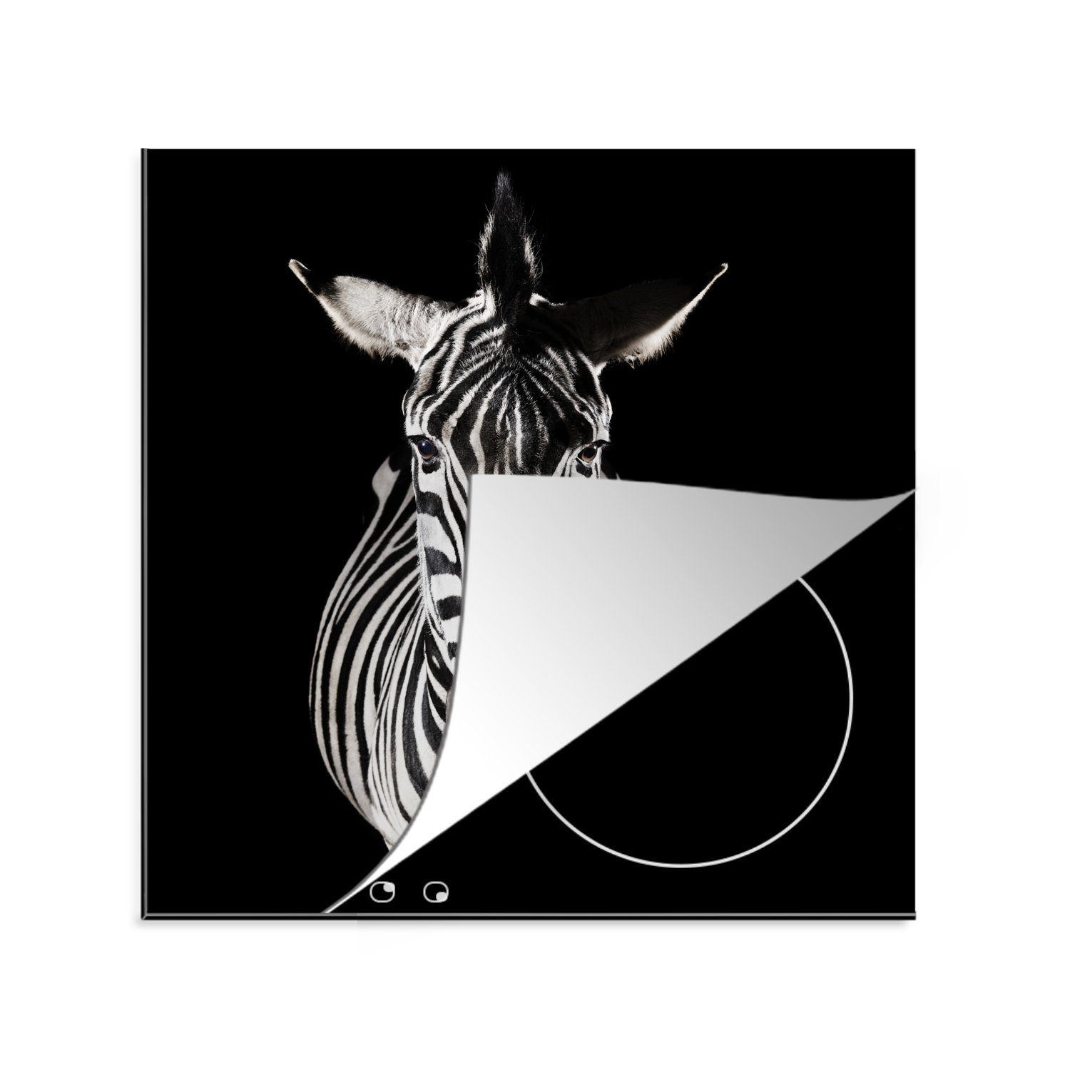 MuchoWow Herdblende-/Abdeckplatte Zebra auf schwarzem Hintergrund, Vinyl, (1 tlg), 78x78 cm, Ceranfeldabdeckung, Arbeitsplatte für küche