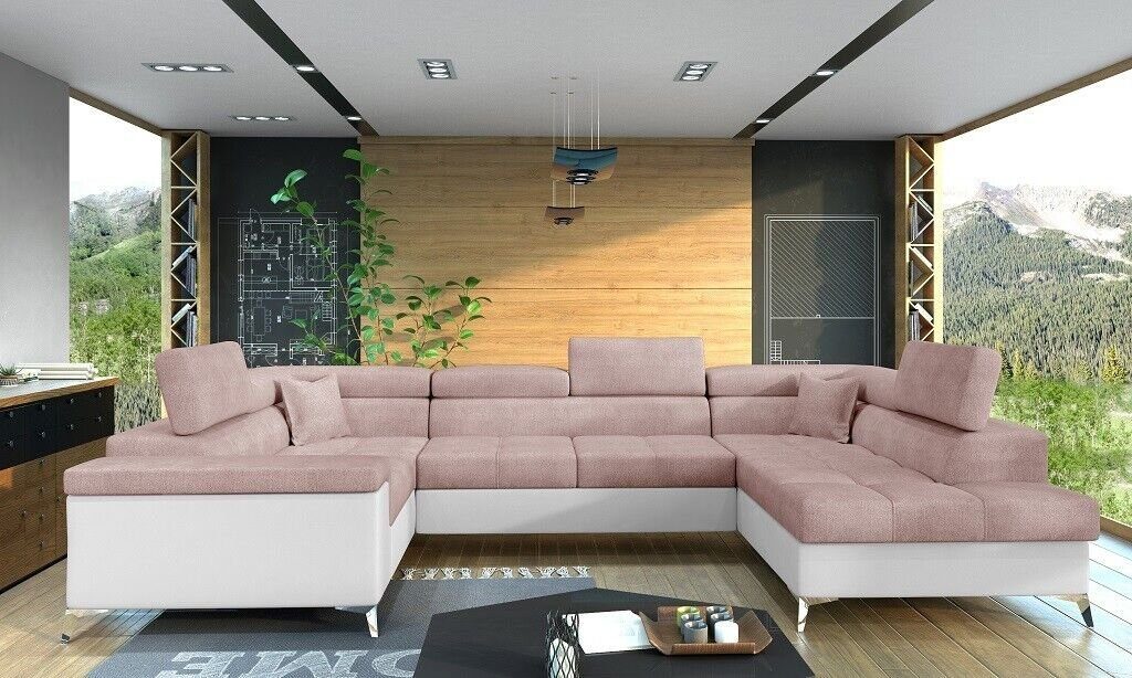 JVmoebel Ecksofa, Ecksofa U-Form Sofa Couch Design Polster Schlafsofa Bettfunktion Rosa/Weiß