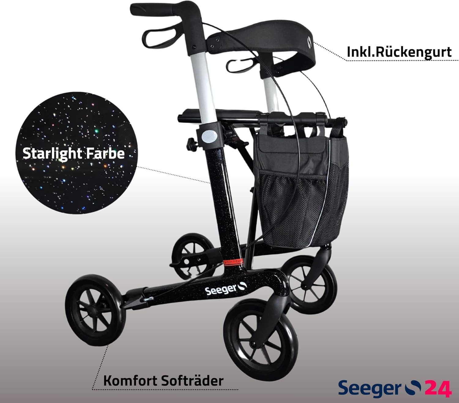 Rehasense Rollator Athlon SL Carbon Rollator inkl. Rückengurt Exklusives Design, inkl. Stockhalter & Rückengurt