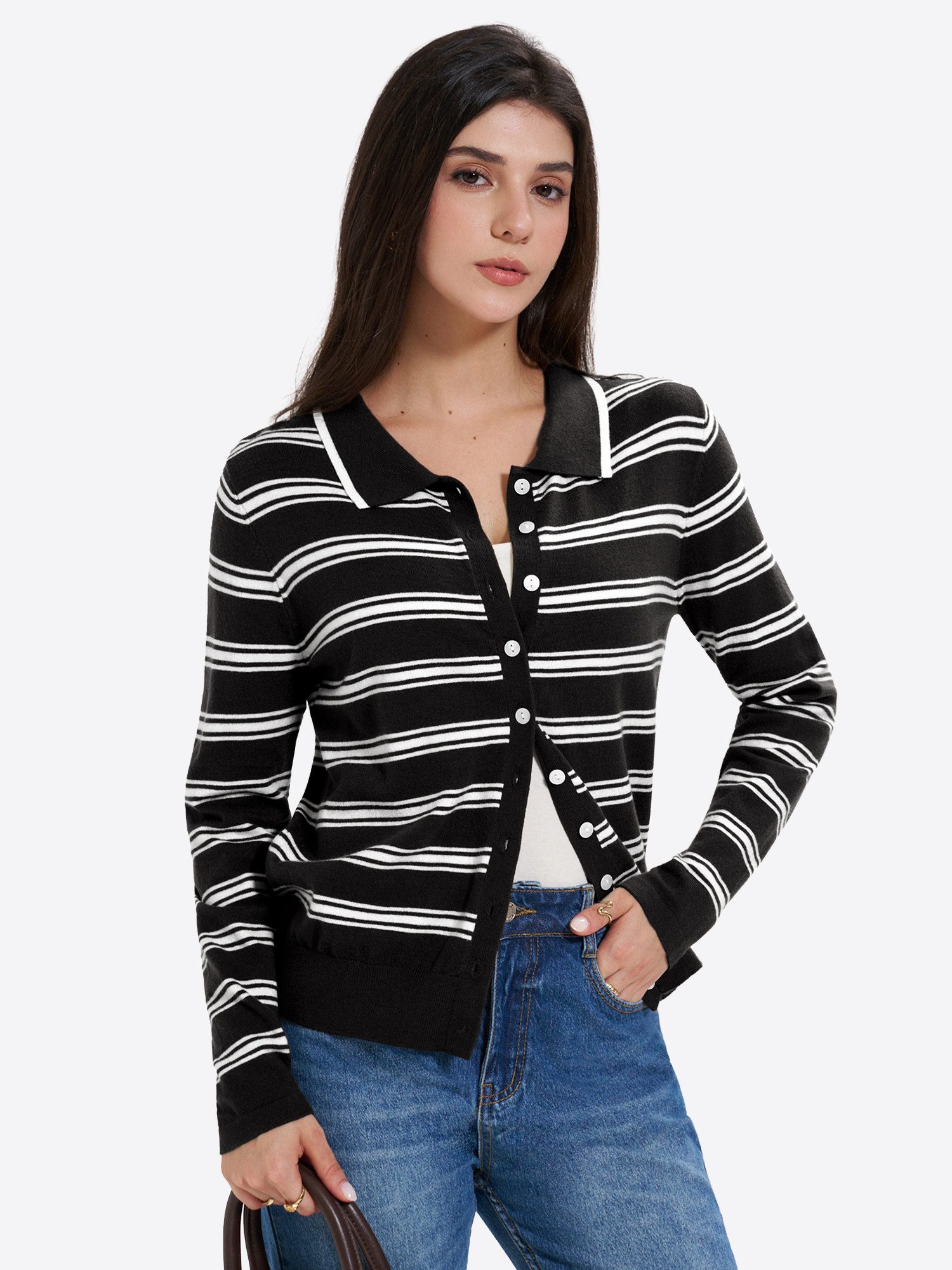 Imily Bela Strickpullover Damen Kurze Strickjacke mit Streifenmuster und Knopfleiste (Packung, 1-tlg., 1per-Pack) mit Polokragen