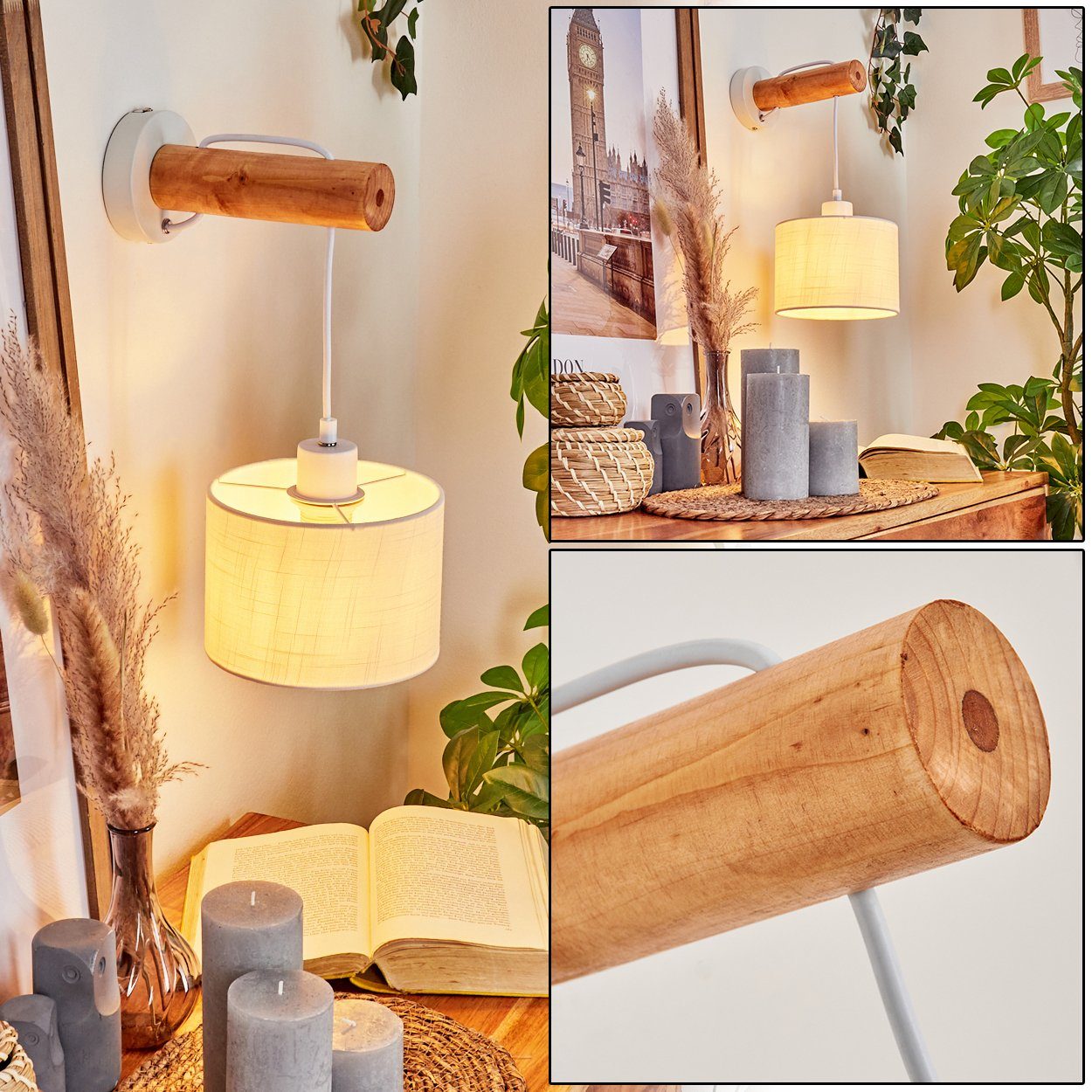 hofstein Wandleuchte »Casape« Wandlampe aus Metall/Holz/Textil in Weiß/Natur,  ohne Leuchtmittel, E27, moderner Wandspot mit Stoff-Schirm u. An-/  Ausschalter am Gehäuse