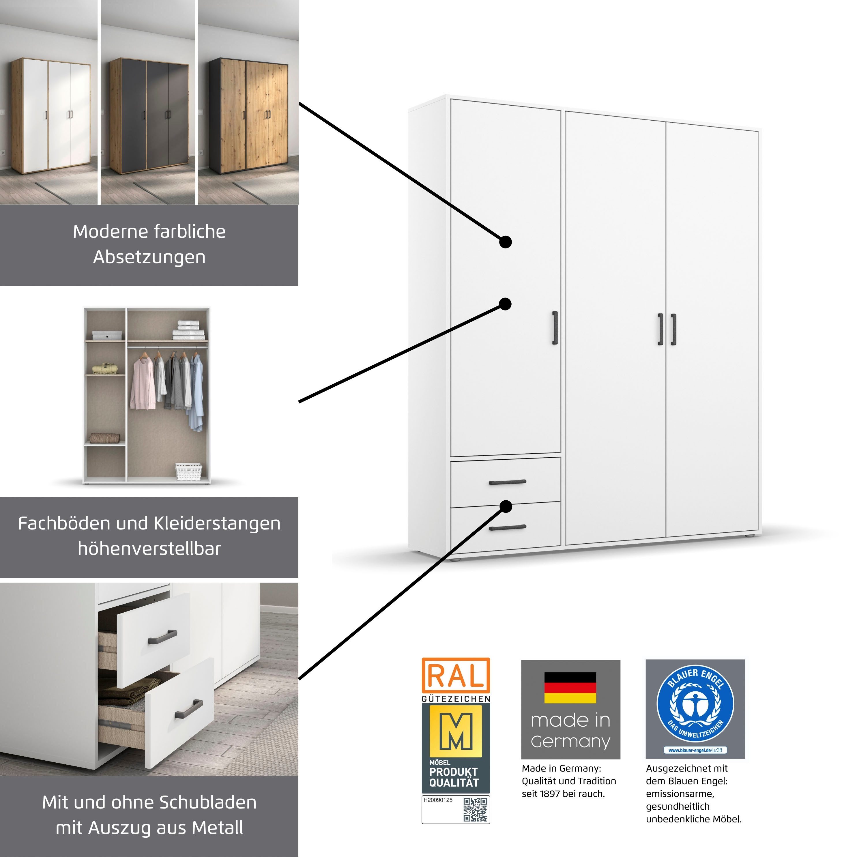 rauch Kleiderschrank VOYAGER Garderobe Wäscheschrank Schlafzimmer (in 3 verschiedenen Ausstattungen BASIC/CLASSIC/PREMIUM) mit 2 modernen Griffvarianten, viel Stauraum MADE IN GERMANY