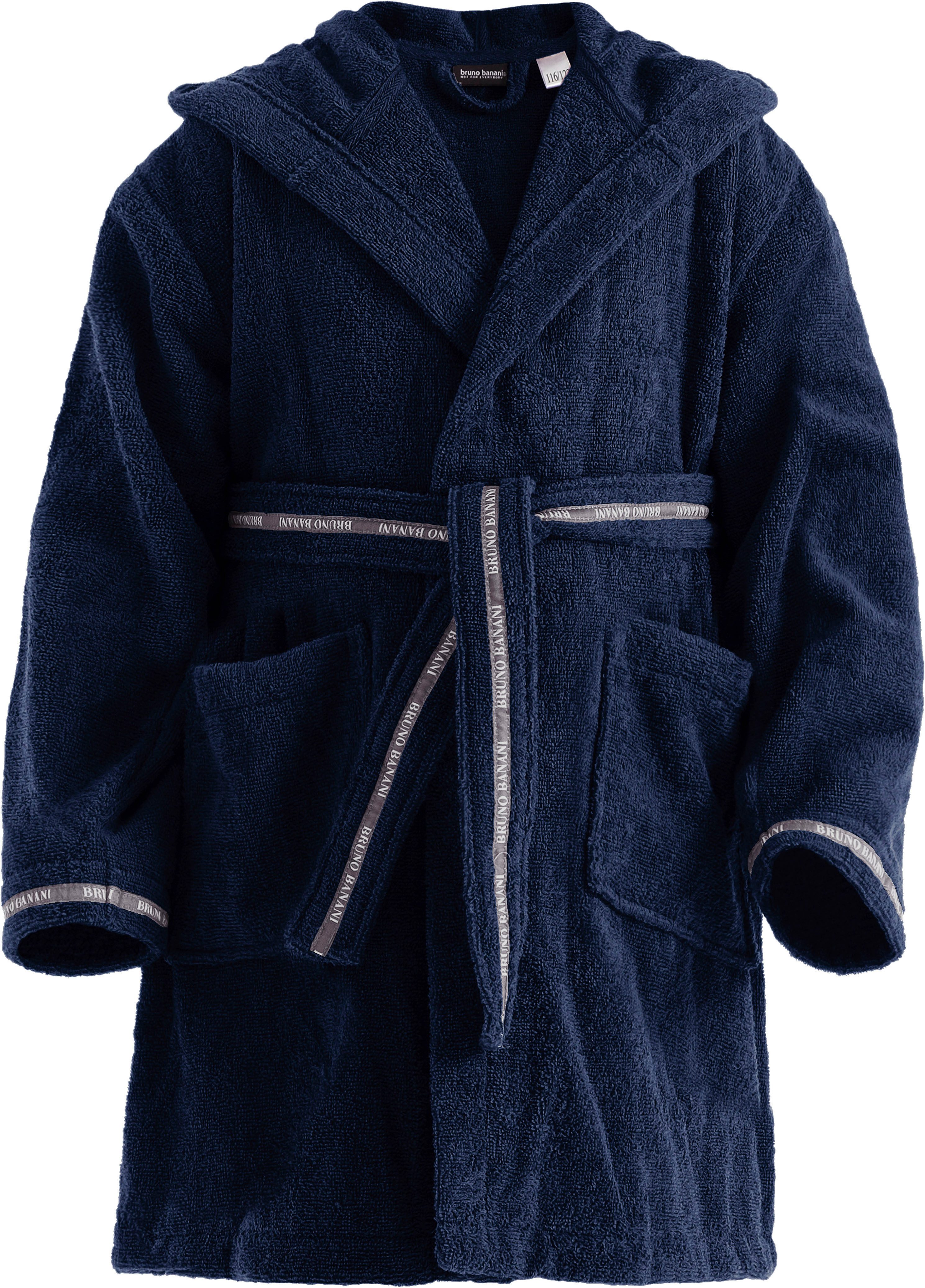 Bruno Banani Kinderbademantel Danny, Ideal für Zuhause, Schwimmbad oder im Urlaub, Langform, Walkfrottee, Kapuze, Gürtel, mit Logostreifen, aus 100% Baumwolle