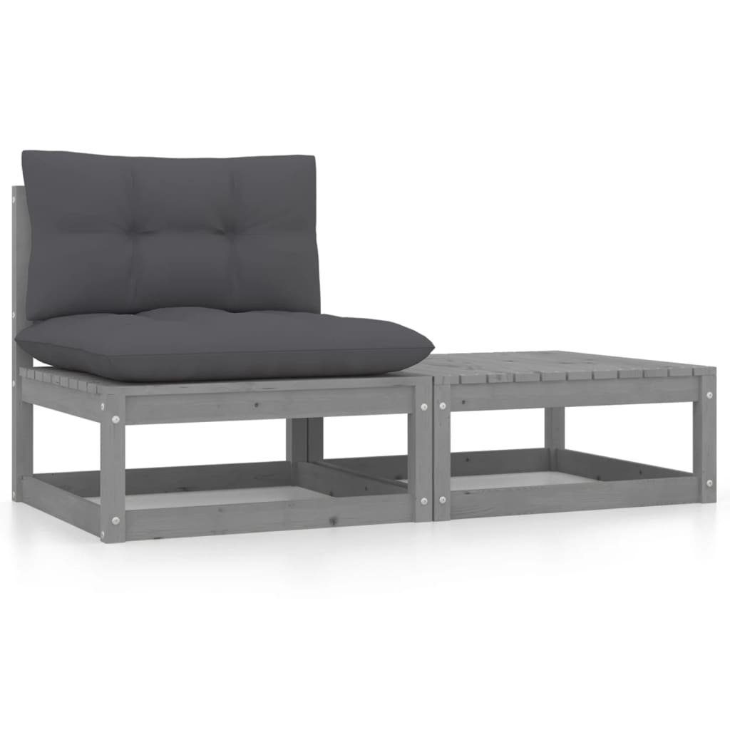 Massivholz, Loungesofa vidaXL mit Grau 1 Kiefer Teile Kissen Garten-Lounge-Set 2-tlg.