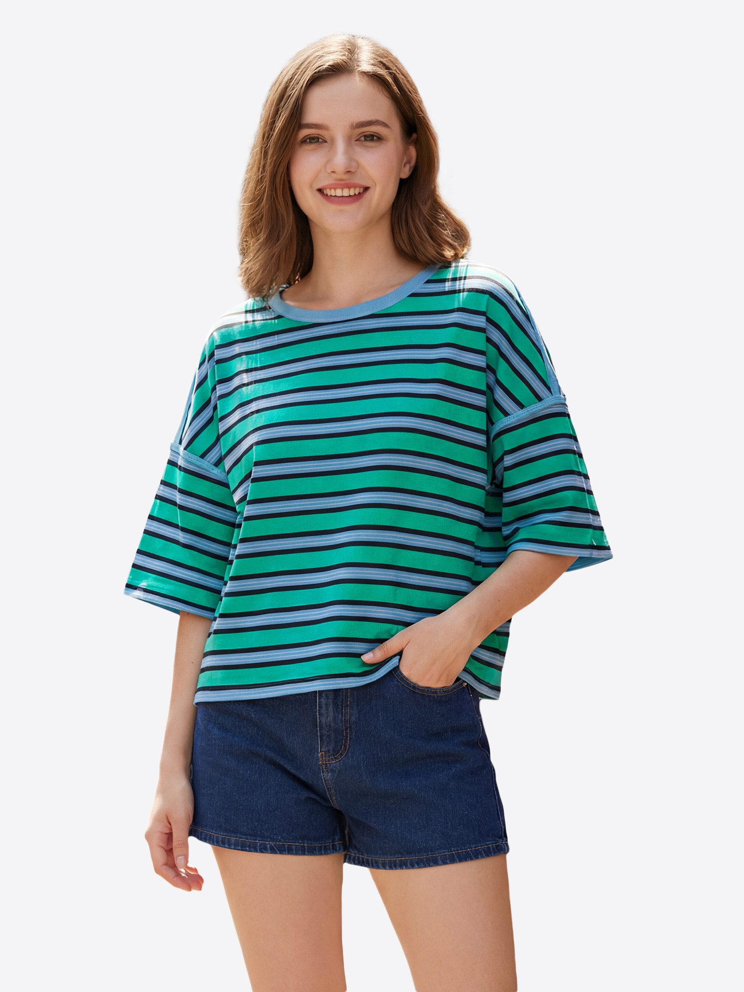 T-Shirt Damen gestreifte Bluse mit betonten Schultern