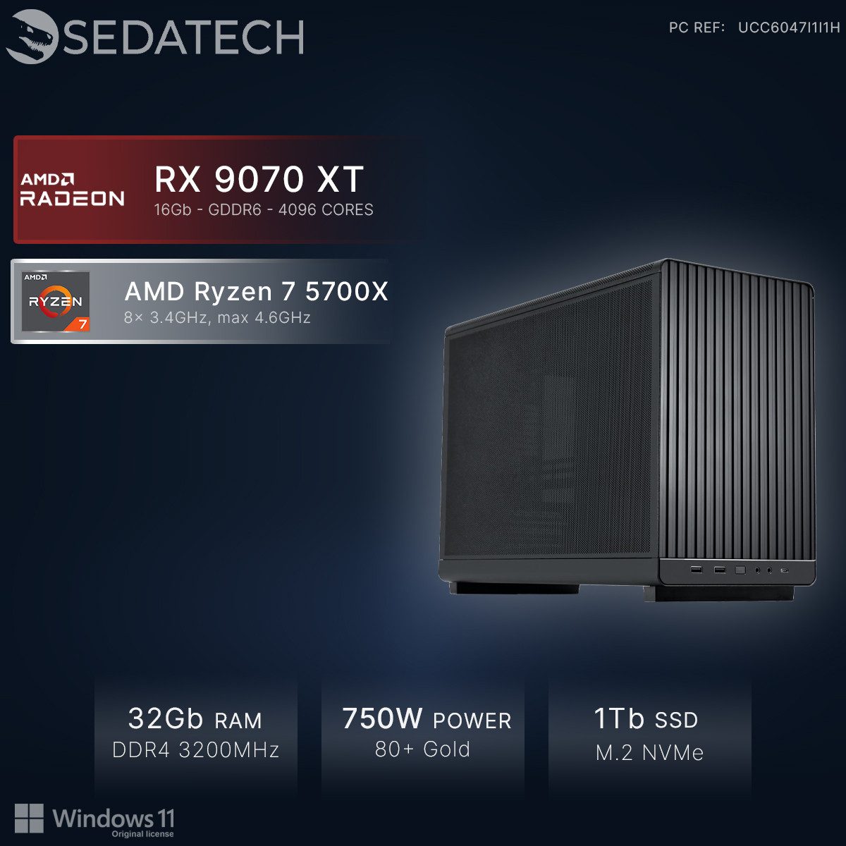 Sedatech UCC6047I1I1HF - Workstation Mini-PC (AMD Ryzen 7 5700X 8x 3.4GHz (max 4.6GHz), Radeon RX 9070 XT 16GB, 32 GB RAM, 1000 GB SSD, Wlan 5)