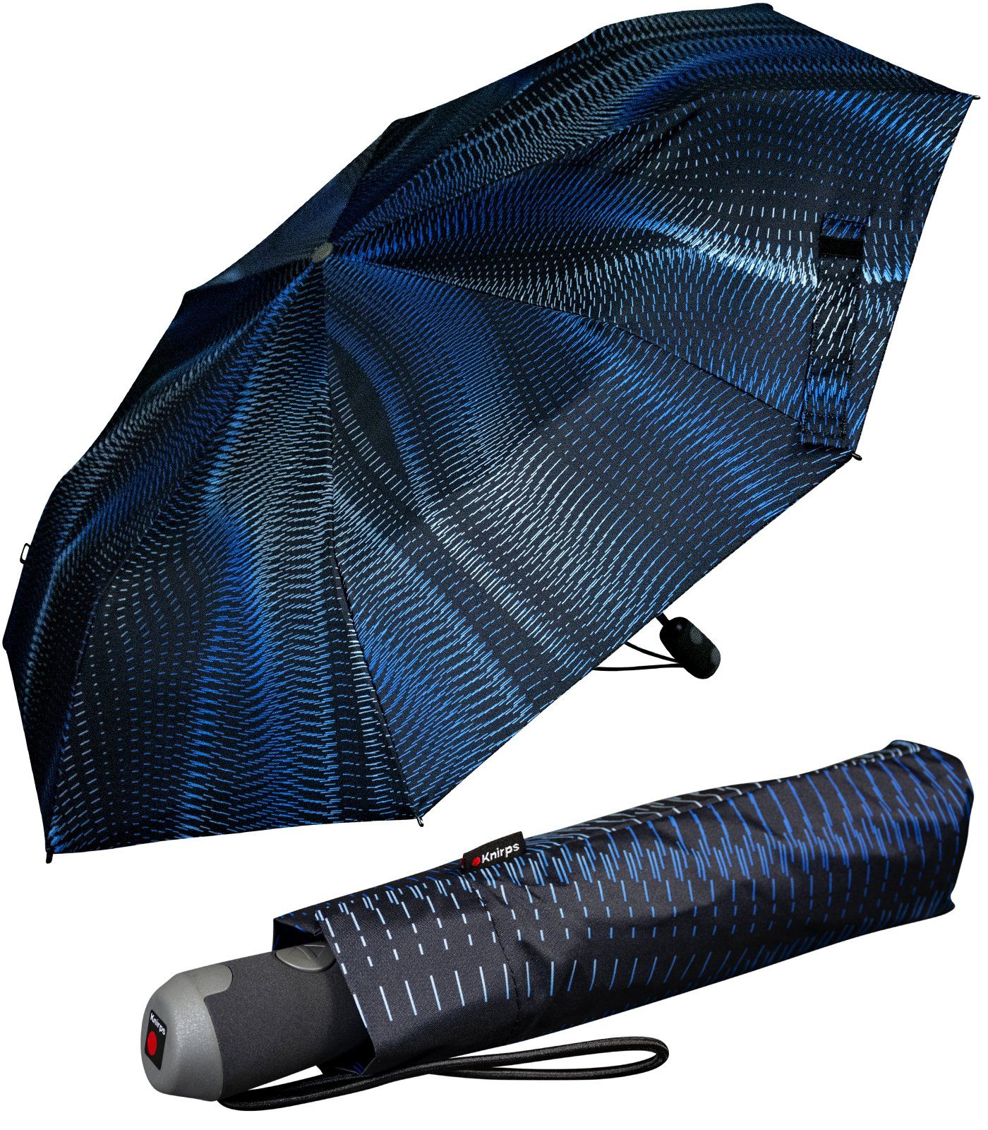 Knirps® Taschenregenschirm E.200 Duomatic Sound mit ocean mit Damen Schirm schwarz-blau - Auf-Zu-Automatik, Linien-Muster
